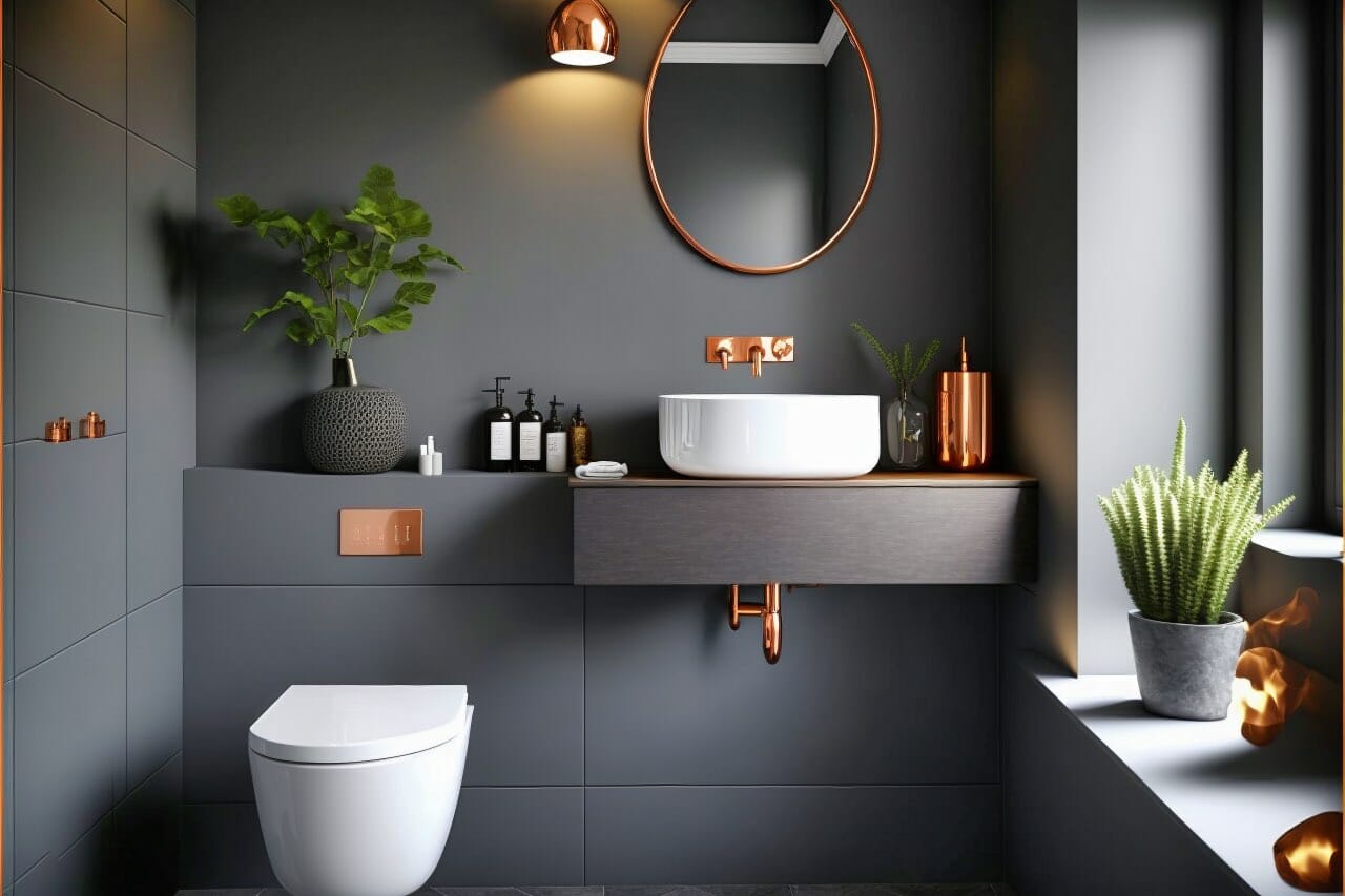 Scandinavian Bathroom: A Modern Bathroom With Charcoal Grey Walls, White Tile Floors, And Copper Accents. A Sleek White Sink With A Copper Faucet Is Centered In The Room And A Modern White Toilet Rests Against The Wall.