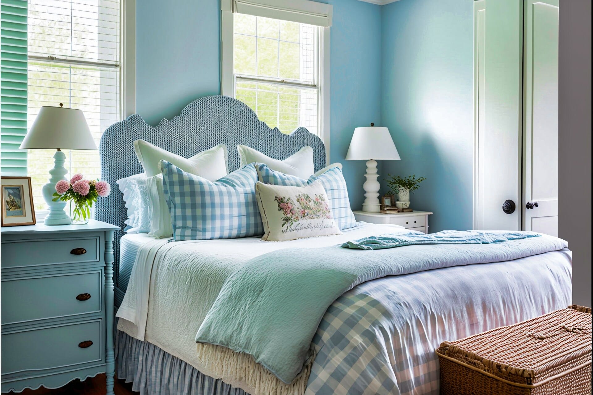 Cottage Style Bedroom With A Charming Country Vibe, Thanks To The Soft Blue Walls And White Trim. A Queen Size Bed With A Simple White Headboard Is Dressed In A Blue And White Gingham Comforter, And A Collection Of Patterned Throw Pillows Add A Playful Touch. A Matching Blue Nightstand With A White Lamp Sits Beside The Bed, And A White Wicker Chair With A Fluffy Cushion Provides A Cozy Seating Option. A Braided Rug In Shades Of Blue And White Anchors The Space, And A Collection Of Framed Botanical Prints Adds A Touch Of Nature.