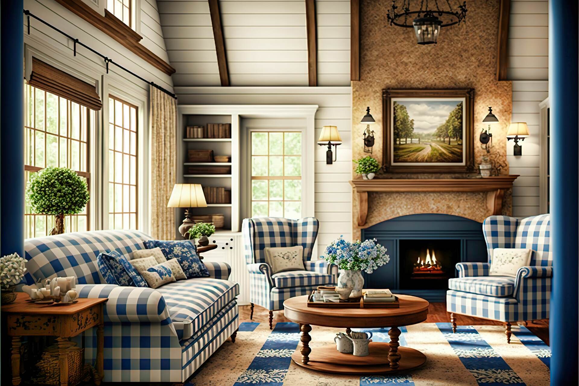 This Charming Modern Living Room Features A Country Style. A Wooden Armchair And A Matching Sofa Provide A Cozy Seating Area, While A Blue And White Checkered Rug Adds A Classic Touch. A Large Stone Fireplace And Plenty Of Cozy Throw Pillows Complete The Look.