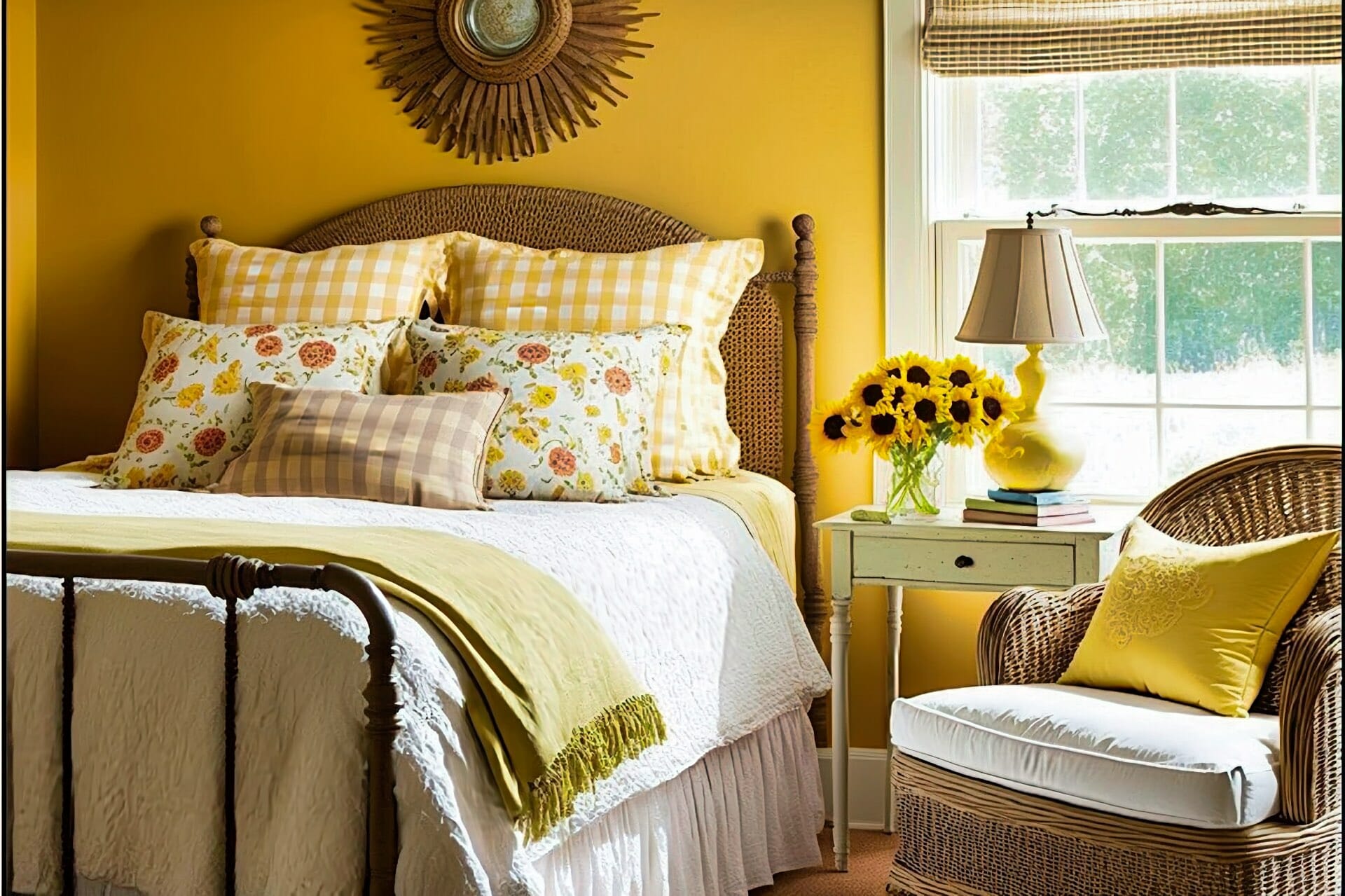 Country Style Bedroom With A Welcoming And Inviting Feel, Thanks To The Warm Yellow Walls And Cozy Furnishings. A Twin Size Bed With A Simple White Headboard Is Dressed In A Cheerful Sunflower Yellow Comforter, And A Collection Of Patterned Throw Pillows Add A Pop Of Color. A Matching Yellow Nightstand With A White Lamp Sits Beside The Bed, And A Wicker Armchair With A Fluffy Cushion Provides A Cozy Seating Option. A Braided Rug In Shades Of Yellow And White Anchors The Space, And A Collection Of Framed Vintage Posters Adds A Touch Of Whimsy.