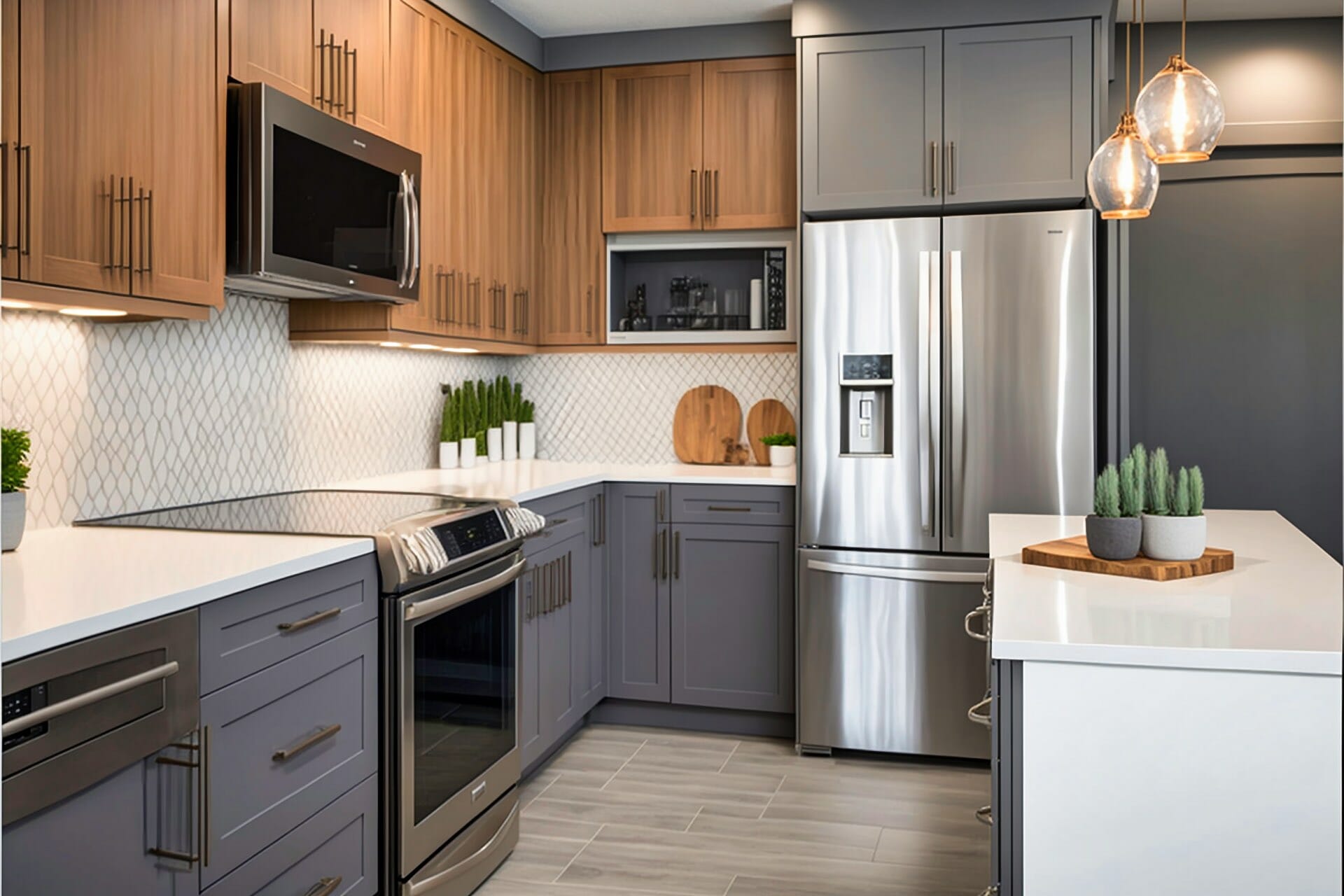 This Modern Kitchen Features Soft Grey Cabinetry And White Countertops, Creating A Chic And Inviting Atmosphere. The Stainless Steel Appliances And Warm Wood Accents Add A Modern Touch, While The Neutral Backsplash Completes The Look.