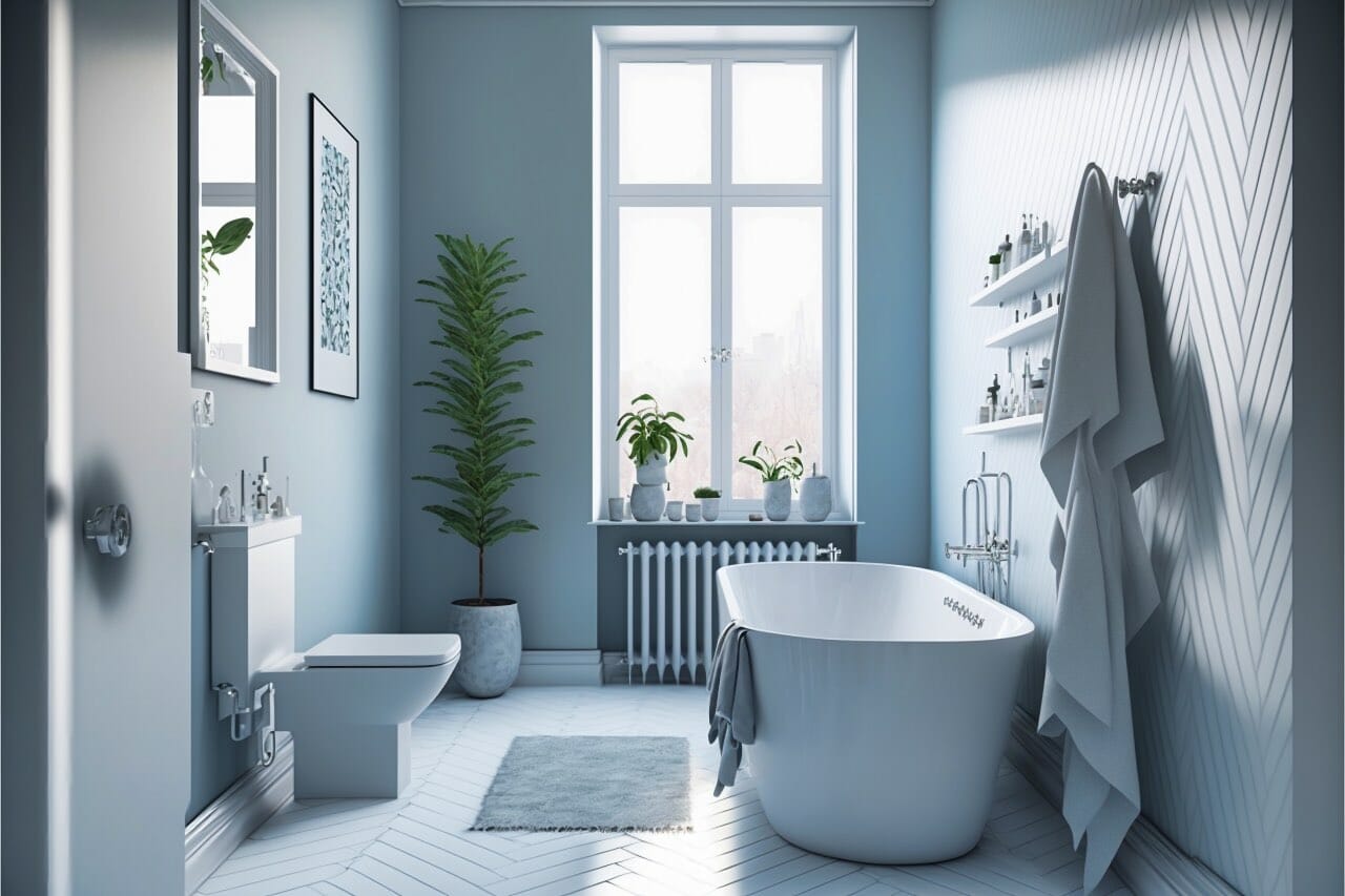 Scandinavian Bathroom: A Calming And Tranquil Bathroom With Grey-Blue Walls And White And Grey Chevron Tile Floors. A White Freestanding Bathtub Sits In The Corner And A Long White Sink With A Chrome Faucet Is Centered In The Room. A Sleek And Modern White Toilet With A Chrome Handle.