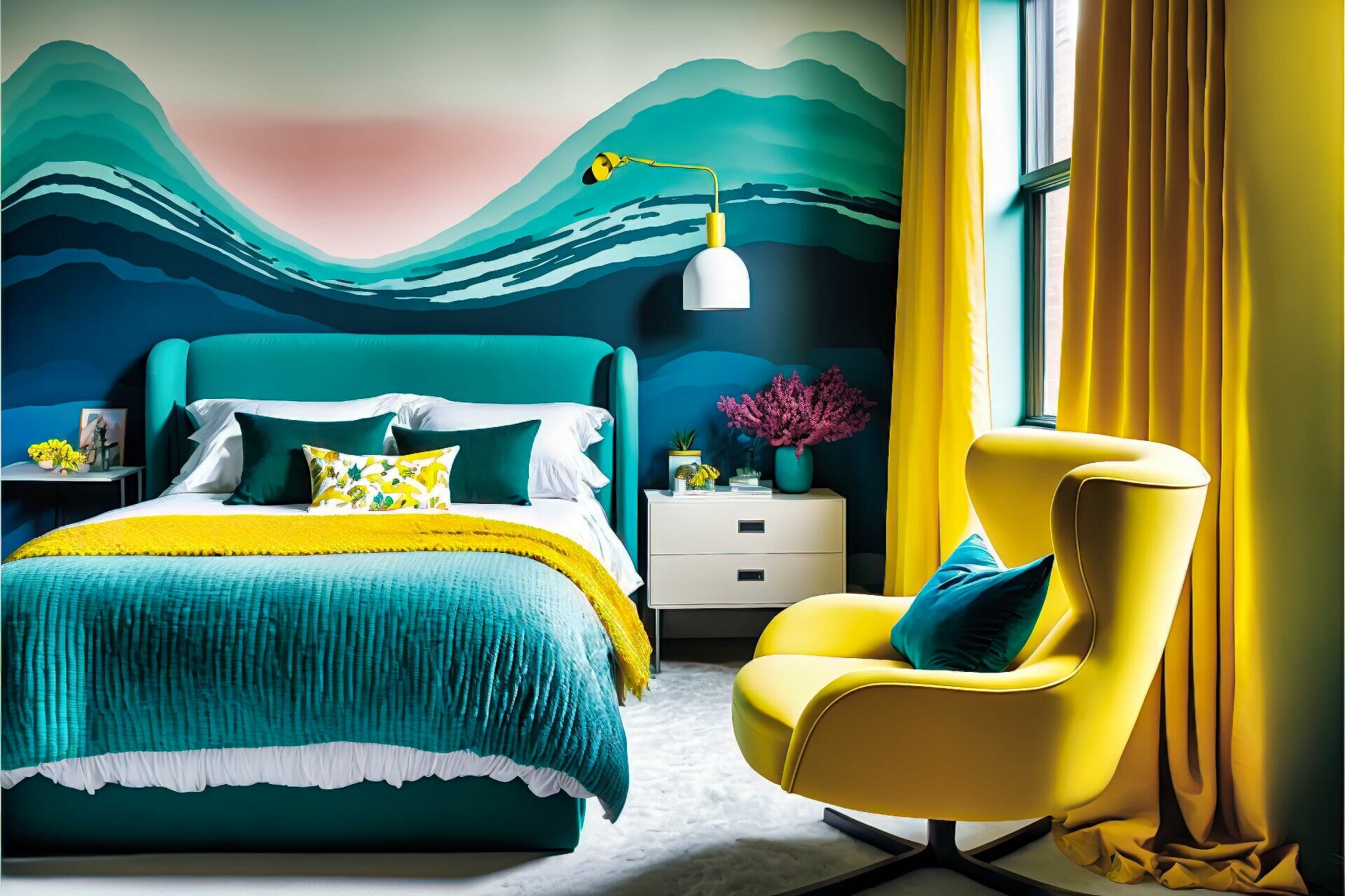 Mid-Century Modern Bedroom – A Playful Modern Bedroom Featuring A Teal Bed Frame With A Graphic Print Bedspread, A Bright Yellow Armchair, And An Ombre Wall Mural.