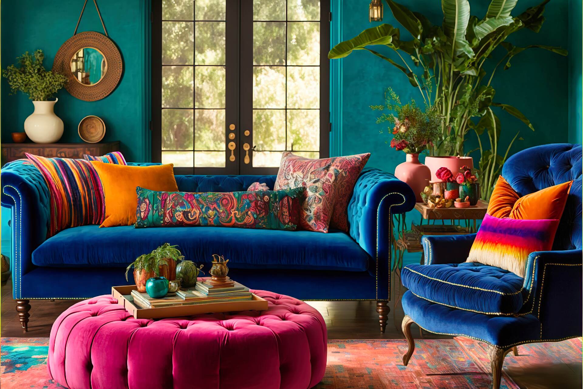 This Bohemian Living Room Features A Vibrant Color Palette, With Deep Blue And Green Hues Accented By Pops Of Bright Pink And Orange. A Plush Velvet Sofa Sits At The Center Of The Space, Surrounded By A Mix Of Patterned Throw Pillows And Woven Textiles. A Large Woven Tapestry Hangs Above The Fireplace, Adding A Touch Of Global Inspiration To The Design.