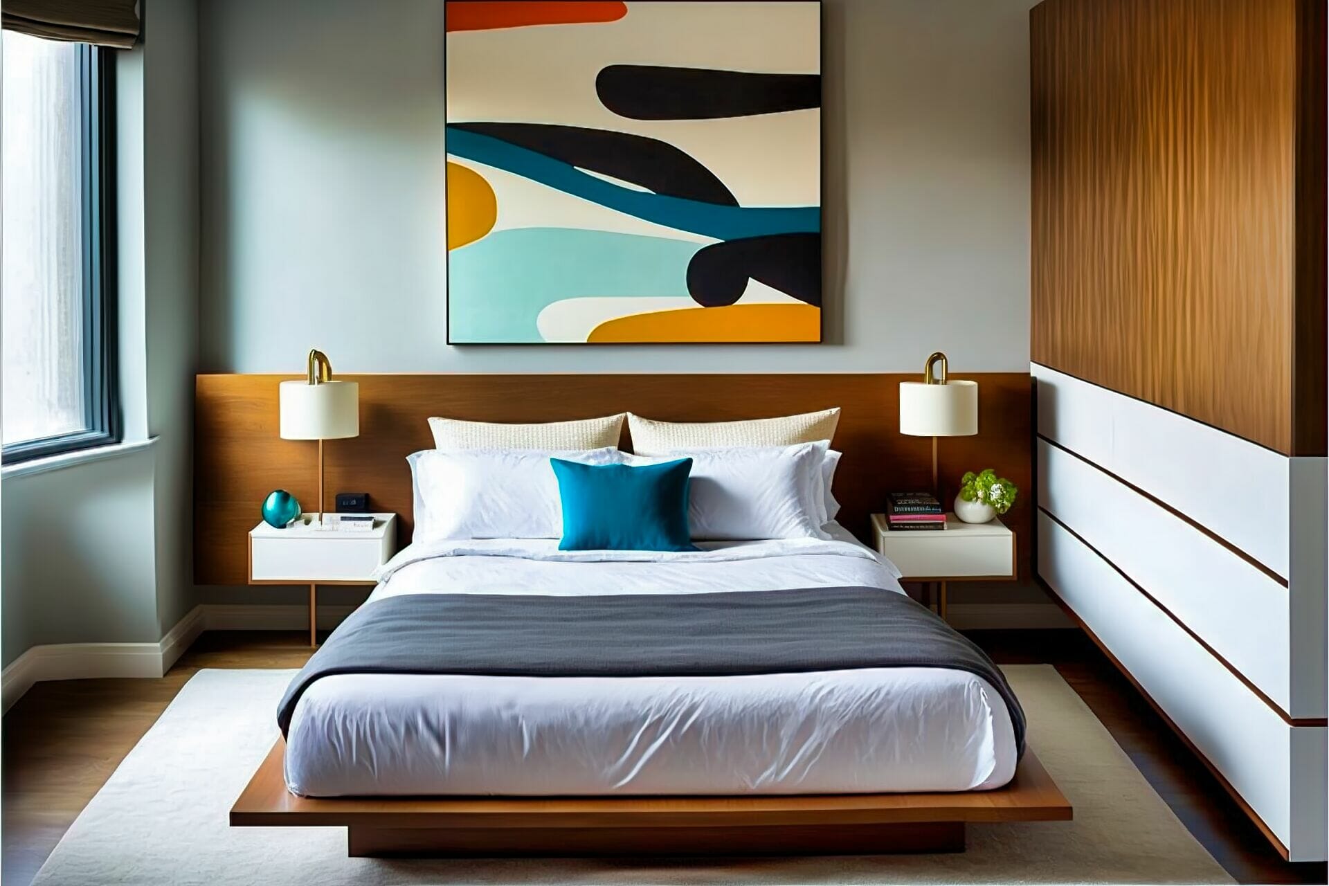 Mid-Century Modern Bedroom – A Contemporary Modern Bedroom Featuring A Low-Profile Platform Bed With A Clean-Lined Headboard, A White Lacquered Nightstand, And A Modern Abstract Art Piece Hung Above The Bed.