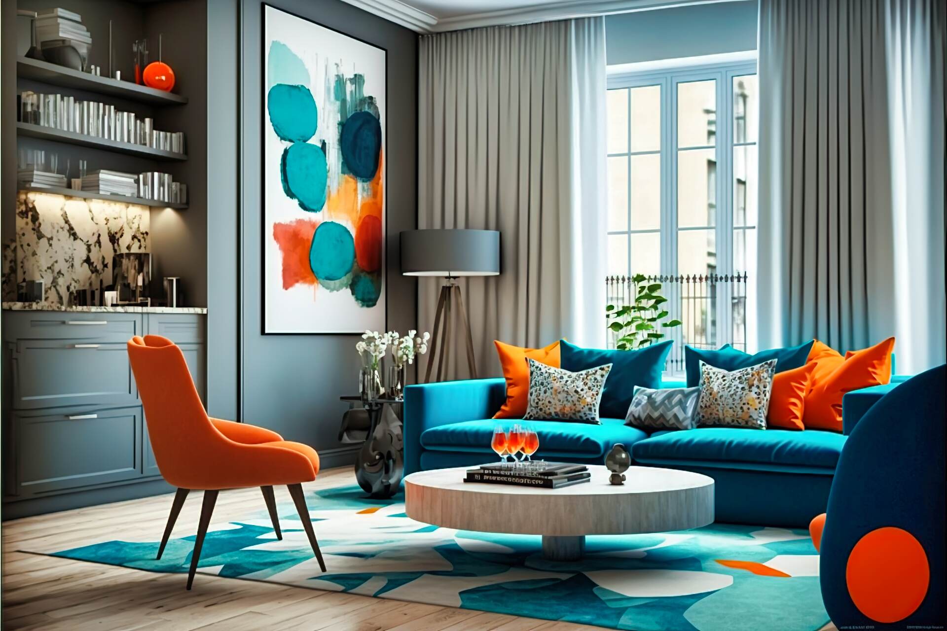 This Modern Living Room Features Bold Colors And Plenty Of Texture. A Bright Orange Armchair And A Bright Blue Sofa Provide A Comfortable Seating Area, While A Colorful Geometric Rug And A Modern Coffee Table Complete The Look. A Few Interesting Art Pieces And A Large Wall Mirror Add A Contemporary Touch To The Room.