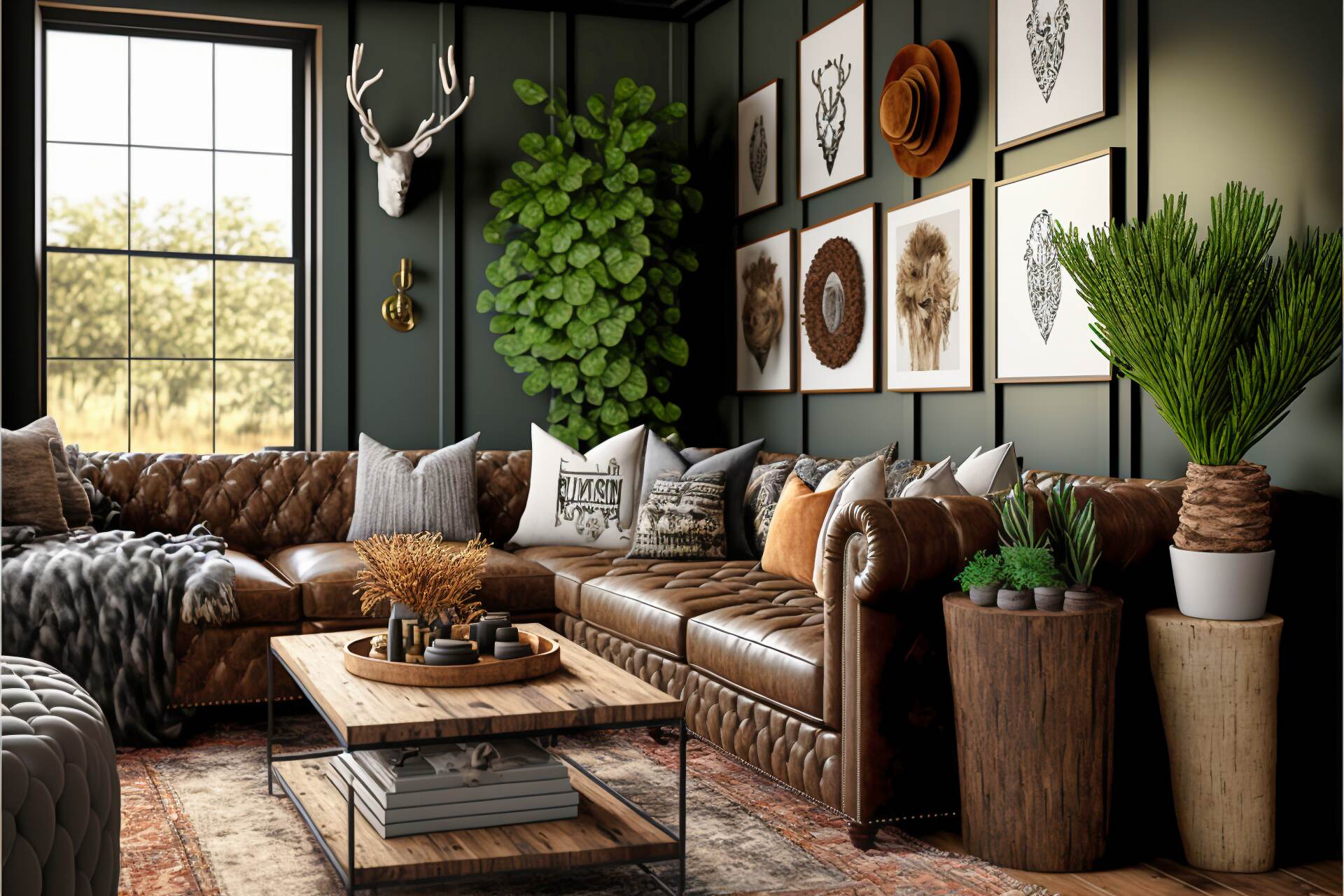 Richly Rustic Living Room - This Expanse Of This Rustic Maximalist Living Room Is Inviting And Comfortable. A Dark-Toned, Tufted Sectional Sofa And Matching Armchair Provide Seating For Friends And Family, While A Chic Rug And Vintage Side Table Finish The Corner. Natural Greenery, Iron Wall Artwork, And A Classic Wall-Mount Flat-Screen Bring Modern Convenience To The Cozy, Rustic Atmosphere.