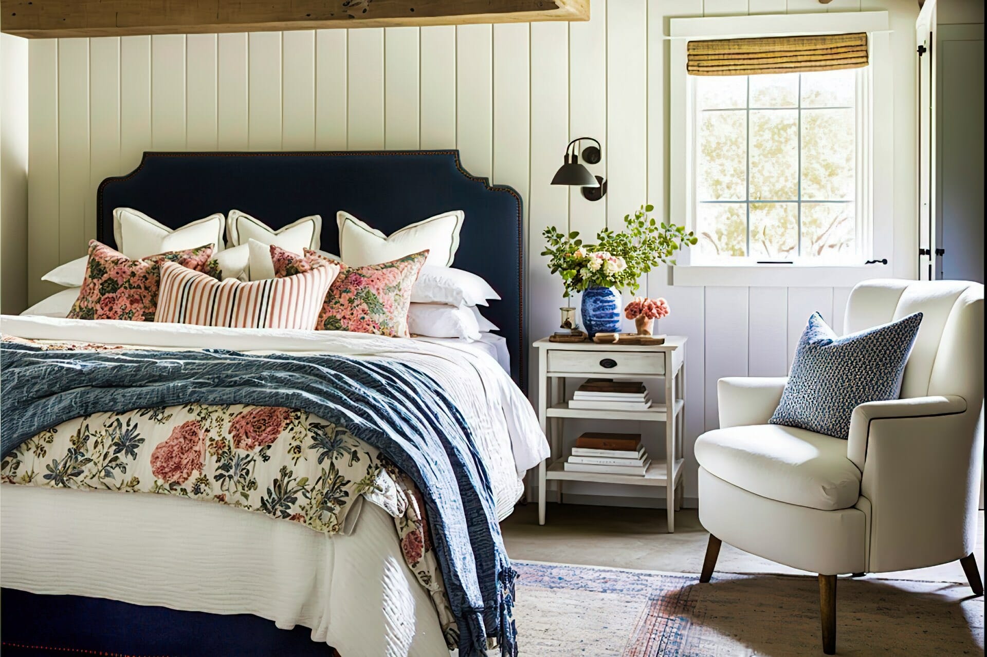 Cottage Style Bedroom With White Paneled Walls, Exposed Beam Ceiling, And A Cozy Queen Size Bed With A White Washed Wood Headboard. A Plush Navy Blue Throw Blanket Is Draped Across The Foot Of The Bed, And A Collection Of Patterned Throw Pillows Add A Pop Of Color. A Distressed White Nightstand With A Matching Lamp Sits Beside The Bed, And A Wicker Armchair With A Colorful Floral Cushion Is Tucked Into The Corner. A Braided Rug In Shades Of Blue And White Anchors The Space, And A Wooden Ladder Leaning Against The Wall Serves As A Makeshift Bookshelf.