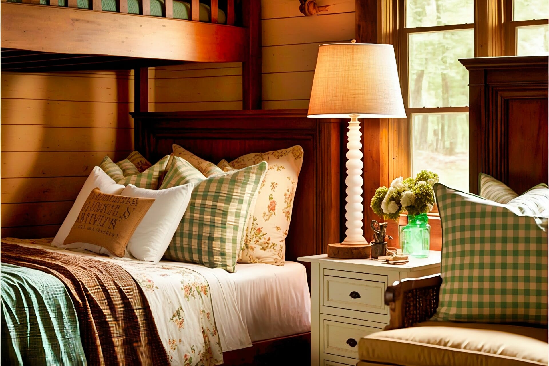 Cottage Style Bedroom With A Cozy And Welcoming Feel, Thanks To The Warm Wood Paneled Walls And Plush Furnishings. A Twin Size Bunk Bed With Simple White Headboards Is Dressed In Cozy Plaid Comforters, And A Collection Of Patterned Throw Pillows Add A Pop Of Color. A Matching Wood Nightstand With A White Lamp Sits Beside The Bed, And A Comfy Armchair In A Neutral Fabric Provides A Relaxing Seating Option. A Braided Rug In Shades Of Red And White Anchors The Space, And A Collection Of Framed Vintage Posters Adds A Touch Of Whimsy.