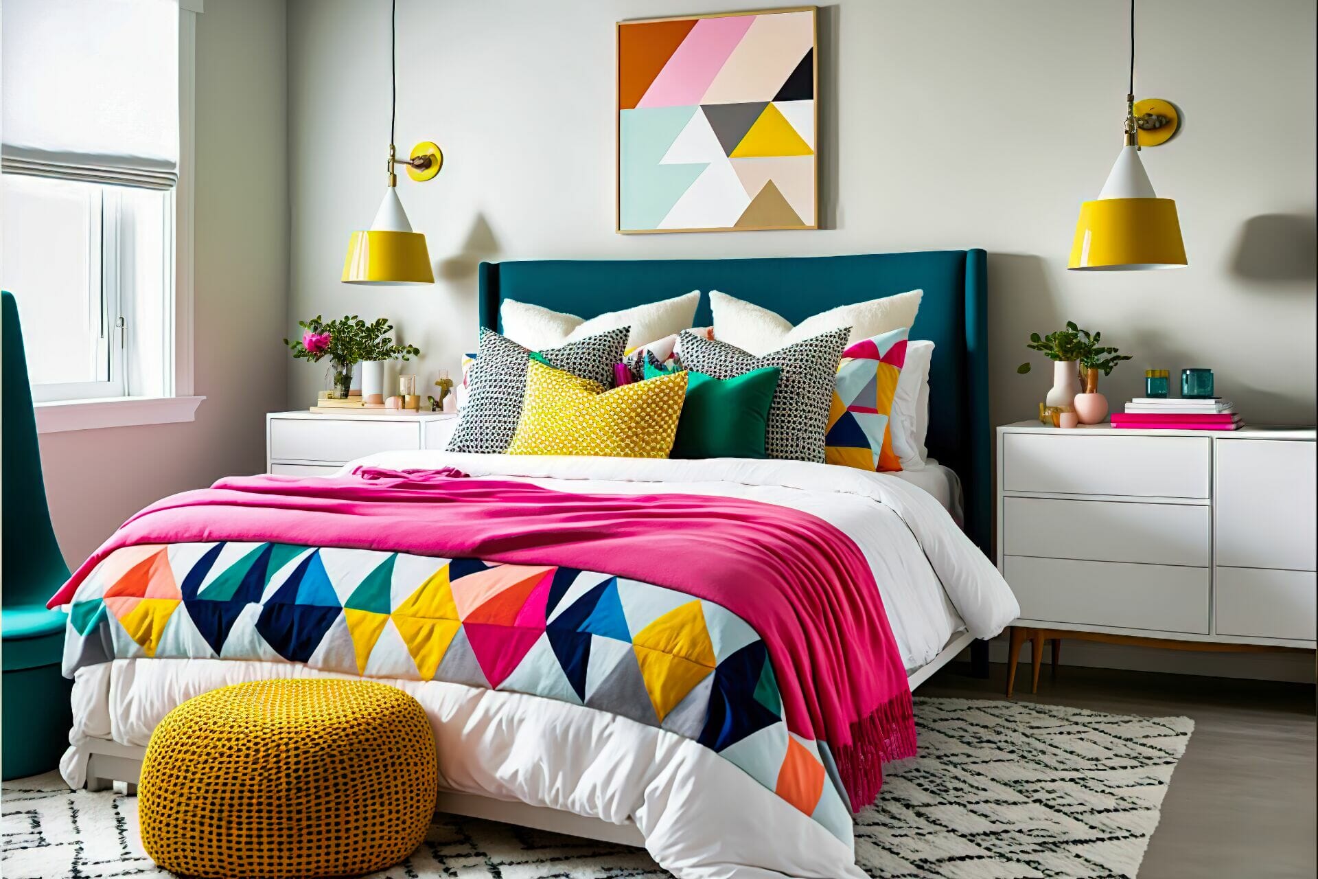 A Scandinavian Style Bedroom With Bright Pops Of Color – This Bedroom Is A Fun Mix Of Colors, With A White Bed Frame And Nightstand, A Bright Yellow Headboard, And Pink, Teal, And Green Accent Pillows And Throws. Art Prints With Geometric Shapes In Bright Colors Hang On The Walls, And A Light Grey Rug Is On The Floor.
