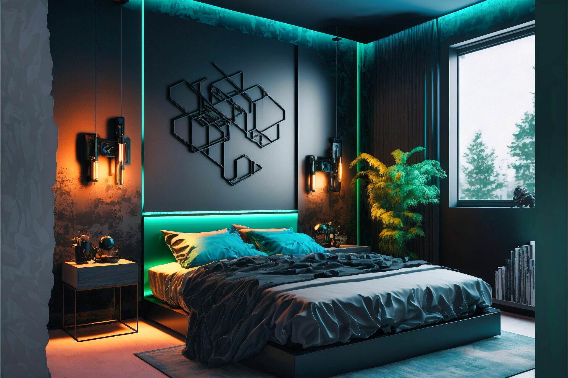 Bedroom With A Dark And Moody Cyberpunk Style. The Walls Are Painted A Deep Black, With An Iridescent Sheen And Neon Accents. The Center Of The Room Features A Large, Black Bed, With A Matching Bed Frame And Nightstands. The Lighting Is Low And Ambient, With A Light Strip Running Along The Walls, And A Hanging Neon Bulb Providing The Main Lighting Source. The Floor Is An Industrial Tile With A Glossy Finish.