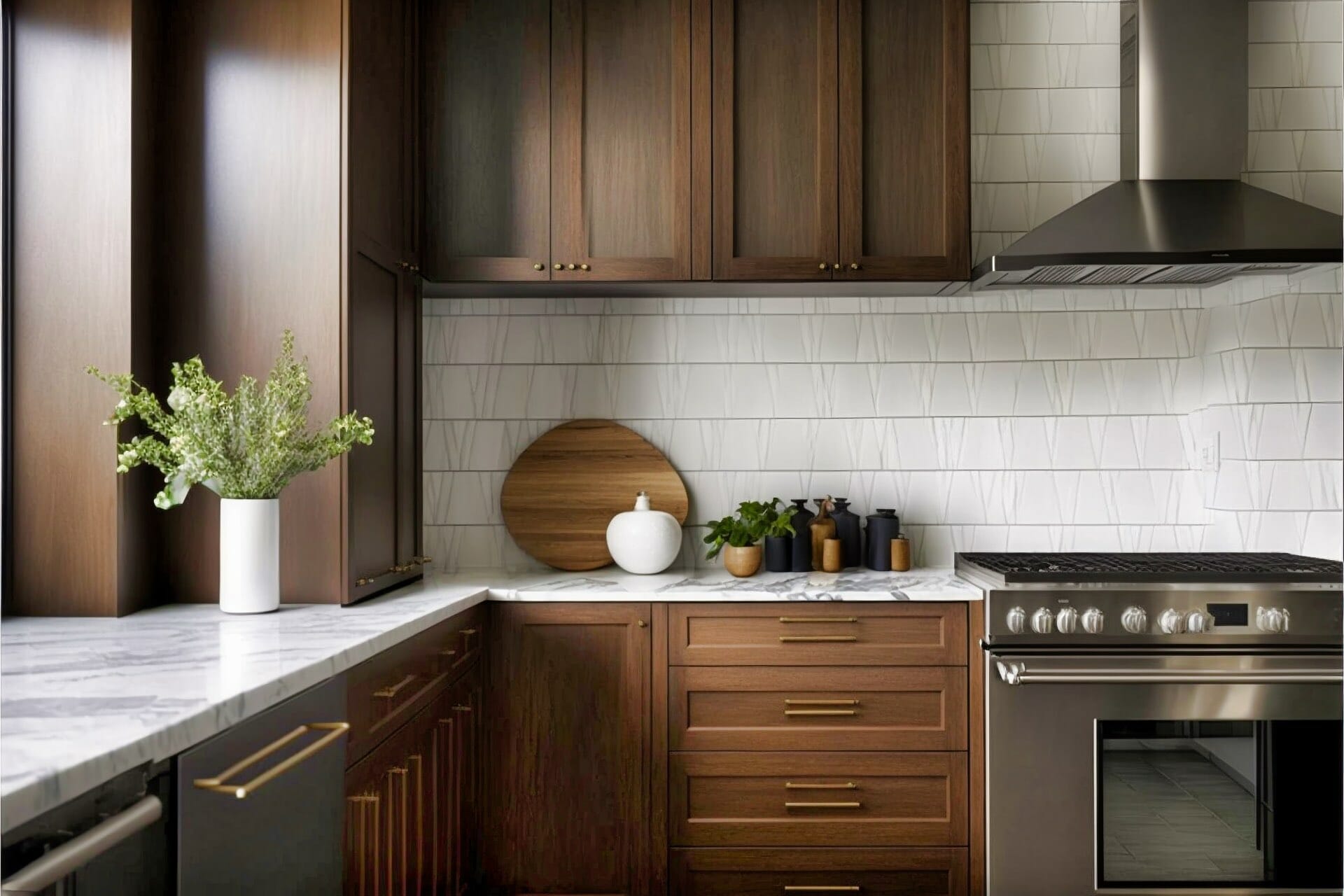 A Minimalistic Kitchen Featuring Dark Oak Cabinetry, White Tile Backsplash, And A Marble Countertop.
