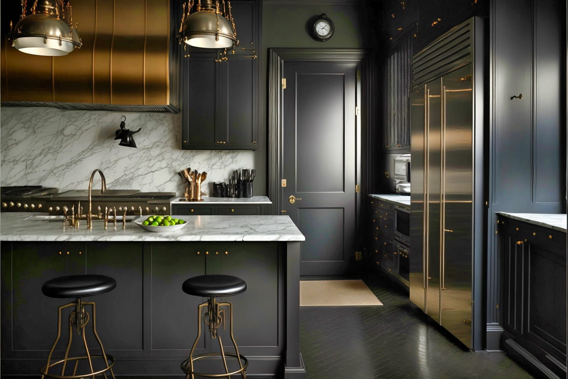 Dark And Dramatic Black Kitchen With Marble And Steel