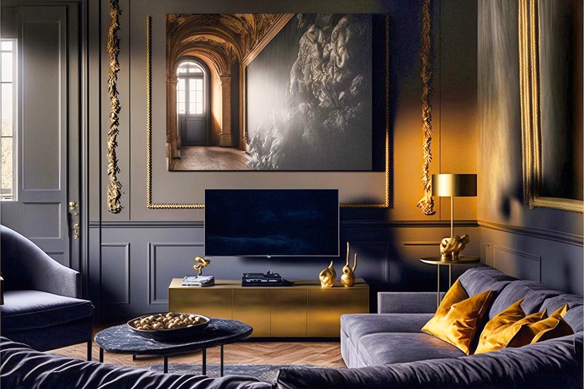 Dreamy Drama Living Room Gold Colored Walls
