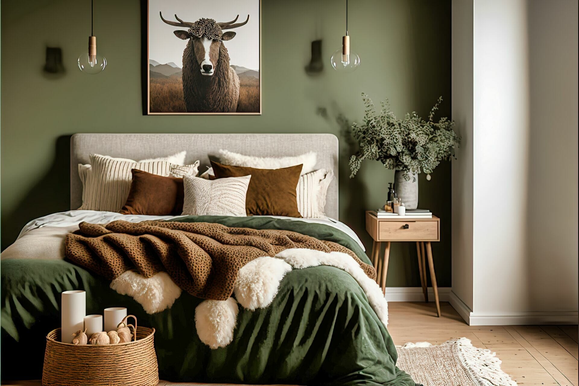A Scandinavian Style Bedroom With Brown And Green Accents – This Bedroom Is Decorated With Calming Browns And Greens For A Peaceful And Natural Look. The Walls Are A Light Brown, While The Bed Frame And Nightstand Are A Dark Wood. To Complete The Look, A White Sheepskin Rug Lies On The Floor, And Art Prints With Brown And Green Colors Hang On The Walls.