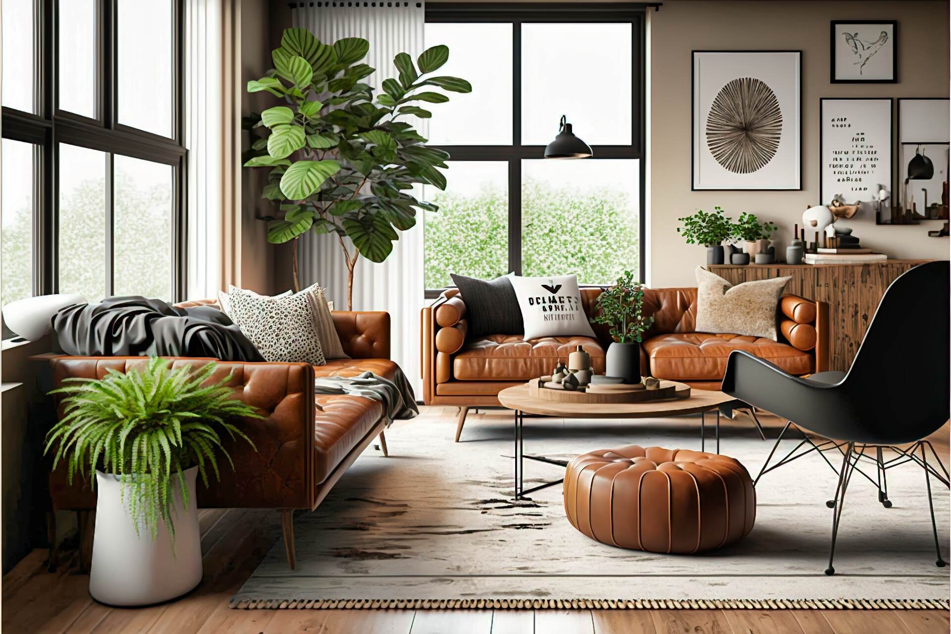 This Inviting Living Room Features Warm, Earthy Colors And Plenty Of Natural Light. A Cozy Brown Leather Armchair And A Matching Sofa Provide The Perfect Place To Relax, While A Large Wooden Coffee Table And A Vintage Rug Add Texture To The Space. A Large Potted Plant And A Few Bookshelves Complete The Look.