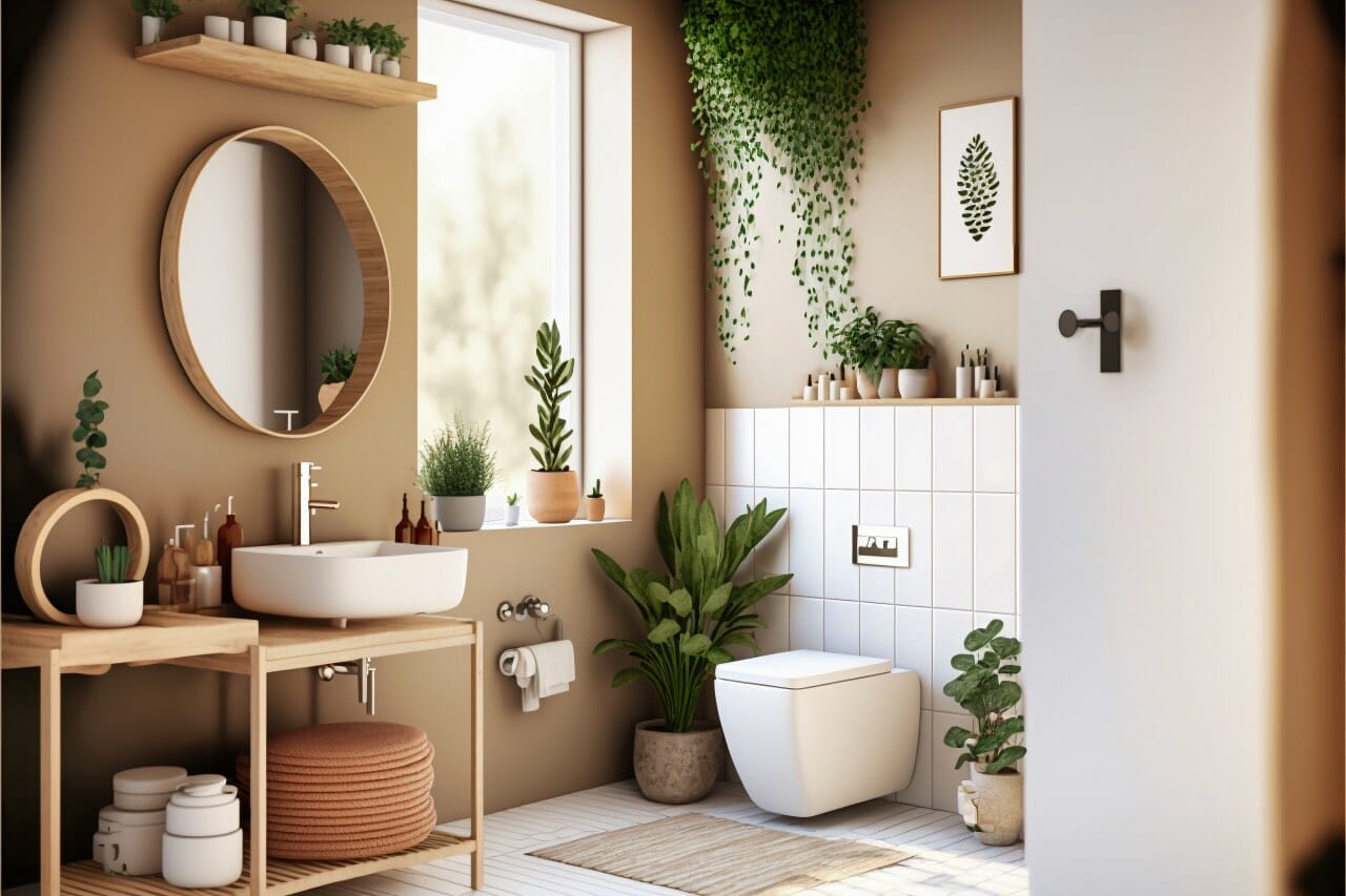 Scandinavian Bathroom: An Inviting And Natural Bathroom With Beige Walls And White Tile Floors. A Sleek White Sink With A Chrome Faucet Is Centered In The Room And A Modern White Toilet Rests Against The Wall. Natural Wood Accents And Earthy Plants Bring A Sense Of Warmth To The Room.