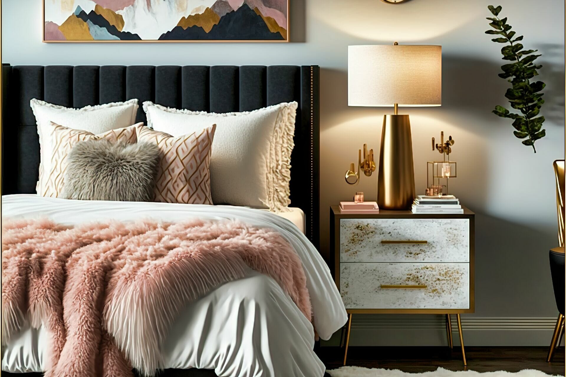 A Scandinavian Style Bedroom With Gold And Blush Accents – This Bedroom Is Decorated With A Mix Of Colors And Textures For A Unique And Elegant Look. The Walls Are A Soft Blush Color, While The Bed Frame And Nightstand Are A Dark Wood. To Complete The Look, A White Fur Rug Lies On The Floor, And Art Prints With Gold And Blush Colors Hang On The Walls.