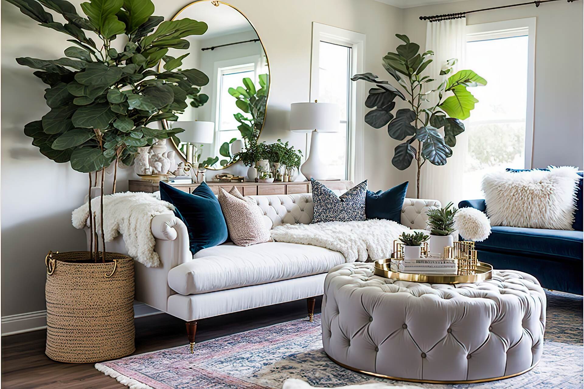 This Bohemian Living Room Is All About Laid-Back Luxury. A Plush White Shag Rug Anchors The Space, While A Mix Of Vintage And Modern Furniture Pieces, Including A Tufted Velvet Sofa And A Mid-Century Inspired Coffee Table, Add A Sense Of Effortless Elegance. A Gallery Wall Of Eclectic Art And A Large Fiddle Leaf Fig Tree Add The Finishing Touches To This Relaxed Yet Refined Space.