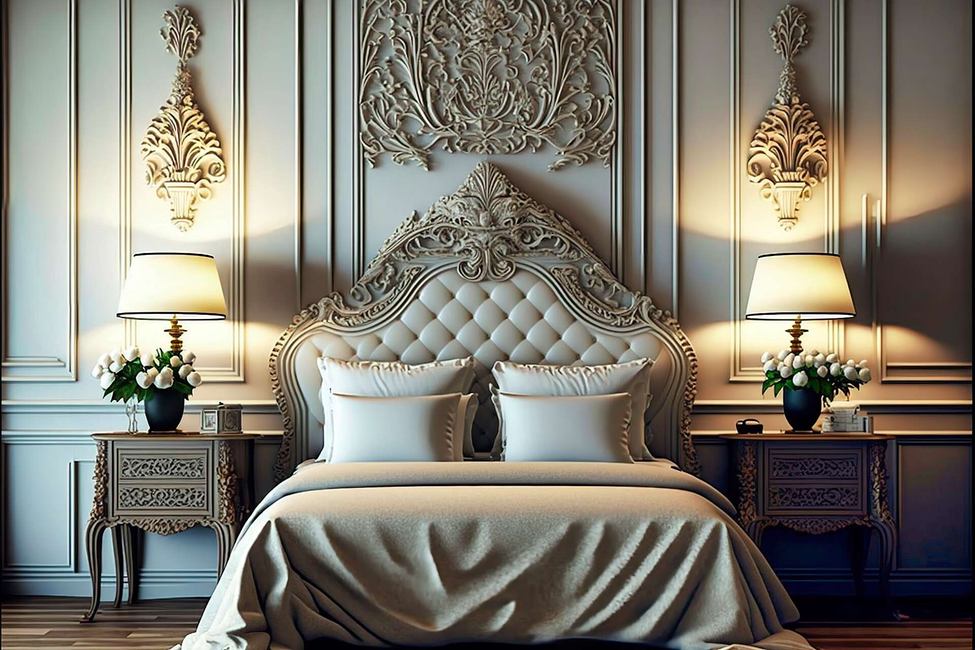 Elegant Transitional Bedroom With Carved Furnishings U