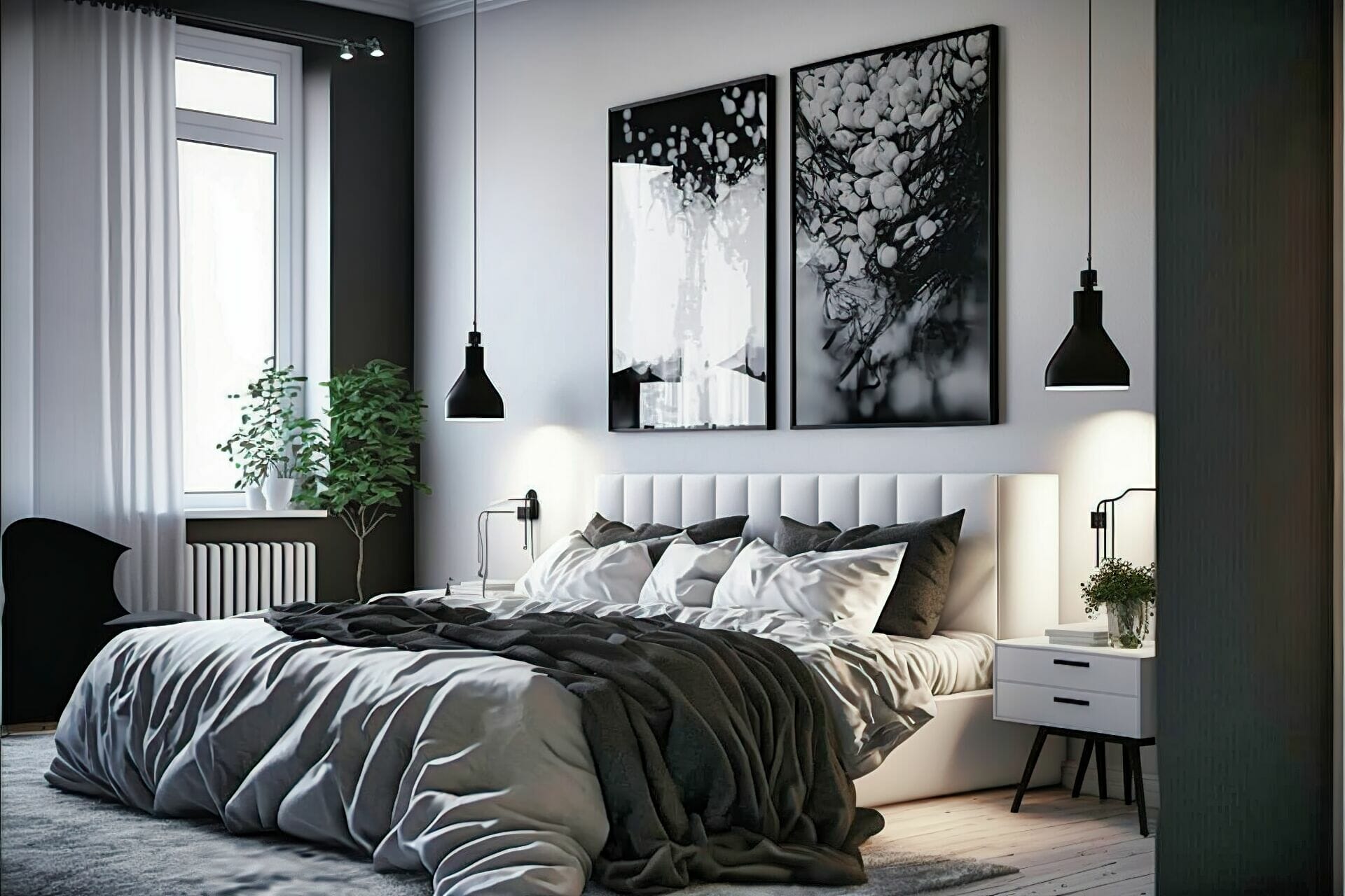A Scandinavian Style Bedroom With Black And White Accents – This Elegant And Modern Bedroom Design Is Sure To Give You A Sense Of Sophistication. The Black And White Accents, Such As The Bed Frame And The Nightstand, Create A Sleek And Polished Look.