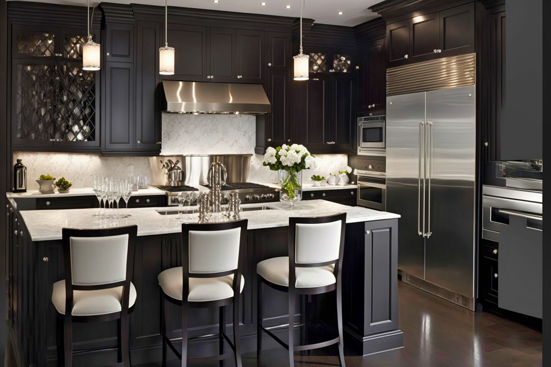 This Elegant Modern Kitchen Features Black Cabinetry And White Countertops, Creating A Chic And Inviting Atmosphere. The Stainless Steel Appliances Add A Contemporary Touch, While The Marble Backsplash And Statement Lighting Complete The Look.