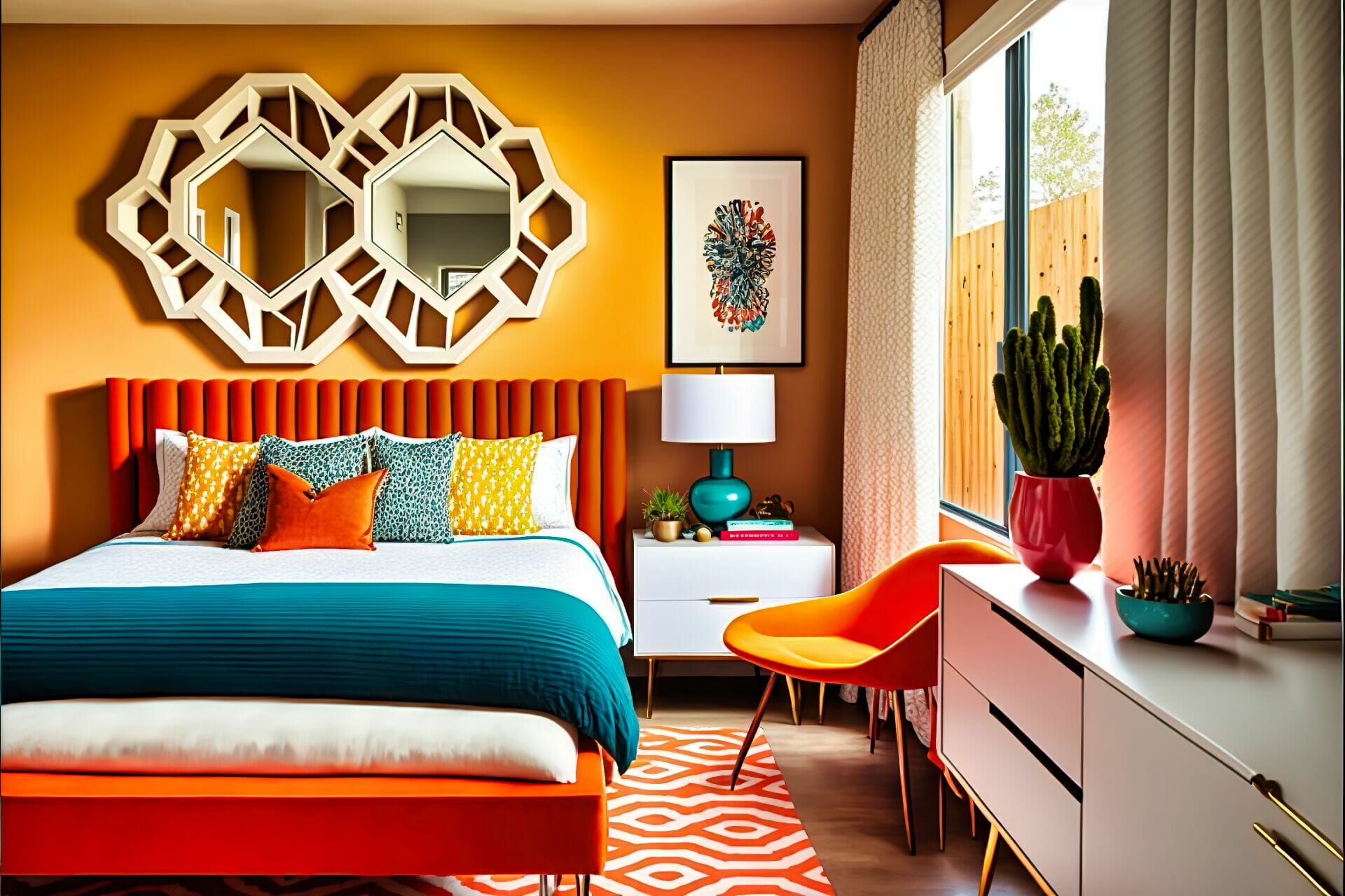 Mid-Century Modern Bedroom – A Vibrant Modern Bedroom Featuring A Bright Orange Bed Frame, A Geometric Patterned Area Rug, And A Framed Wallpaper Art Piece Hung Above The Bed.