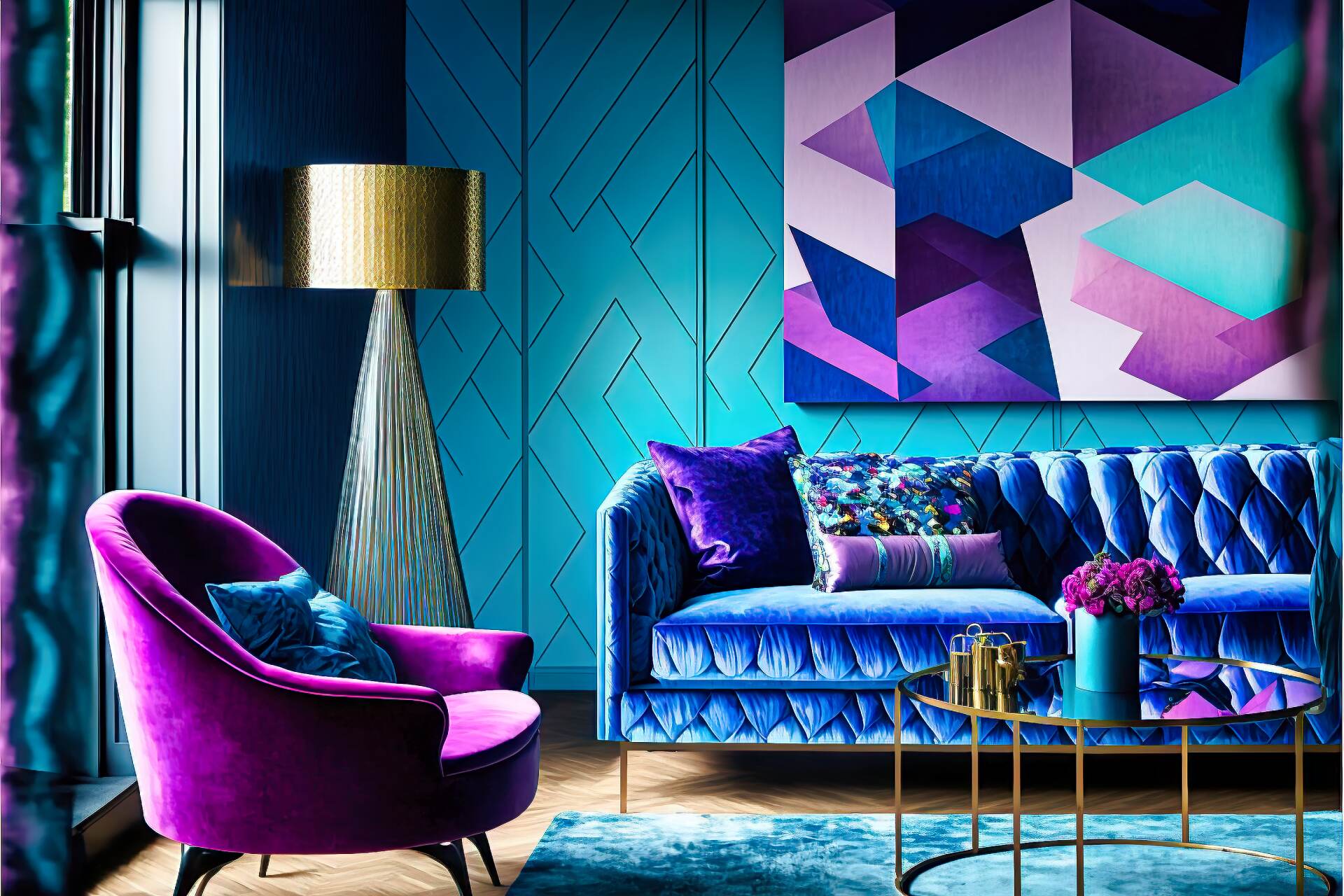 A Modern Living Room In Bright Shades Of Blue And Purple, With A Unique Feature Wall Covered In Geometric Wallpaper. A Bright Blue Velvet Sofa, A Patterned Armchair And A Glass Coffee Table. Colorful Artwork Adorning The Walls, With A Bright Purple Rug And A Tall Lamp In The Corner.