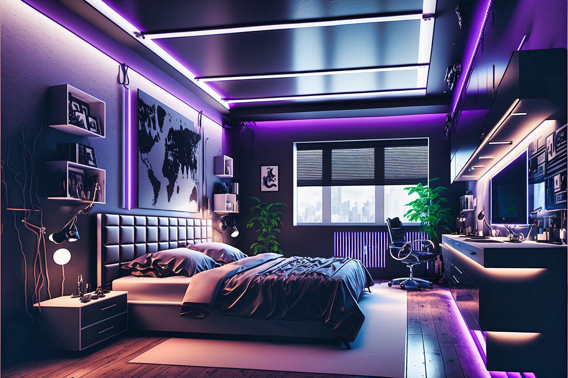 Bedroom With A Futuristic Cyberpunk Style. The Walls Are Painted A Deep Purple, With White Accents And Futuristic Neon Lighting. The Center Of The Room Features A Large, Black Bed, With A Matching Bed Frame And Nightstands. The Lighting Is Low And Ambient, With A Light Strip Running Along The Walls, And A Hanging Neon Bulb Providing The Main Lighting Source. The Floor Is An Industrial Metallic Tile, With A Glossy Finish.