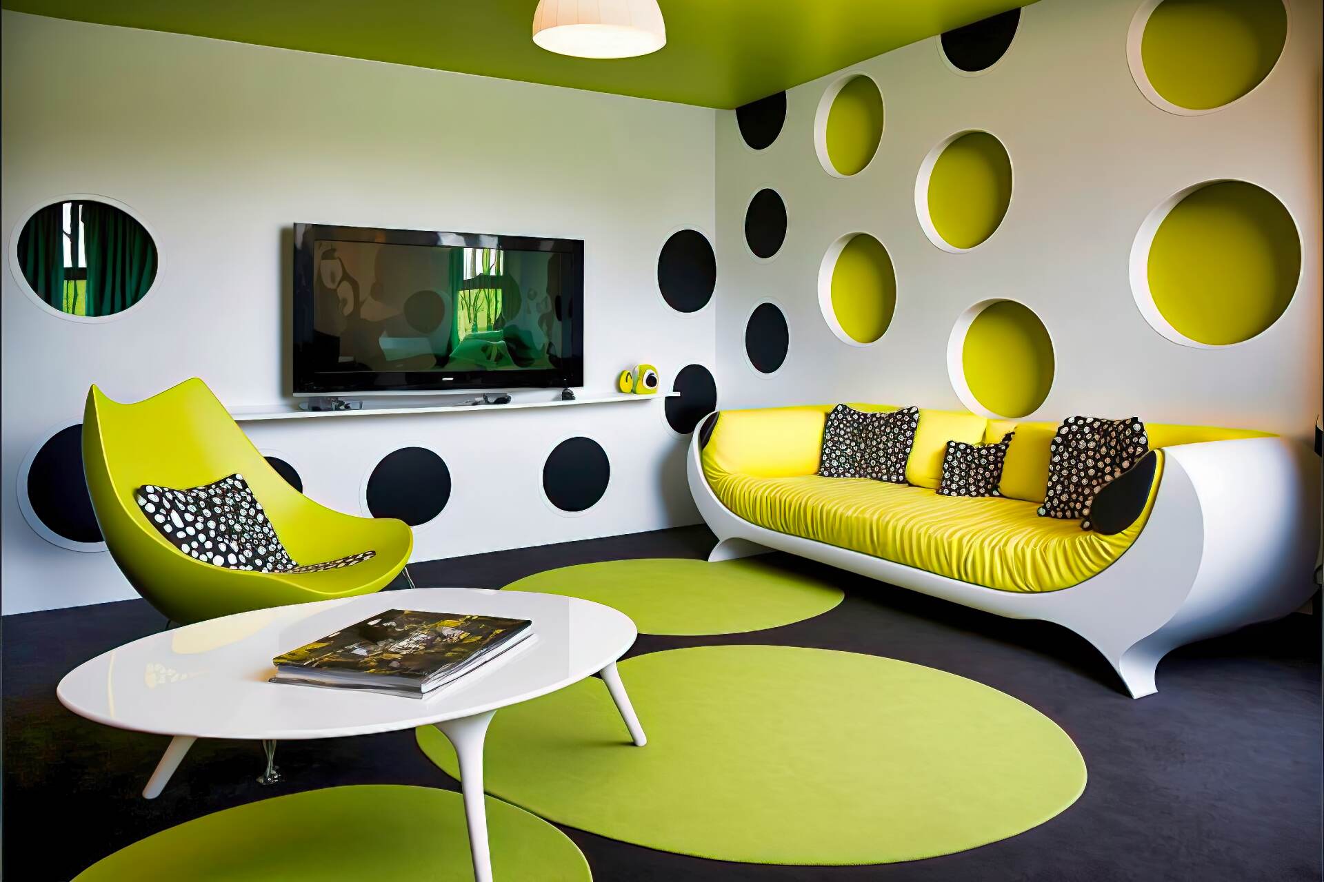 A Bold And Fun Living Room With A Futuristic Feel. The Walls Are Painted A Bright Green, With A Large, Flat-Screen Tv Mounted On One Wall. A White, Modular Sofa Is Made Up Of Chaise Lounges And Armchairs. A Bright Yellow Coffee Table And White Accent Chair Complete The Look. A Black And White Patterned Rug Adds Texture And Colour. A Wall Of Windows Floods The Room With Natural Light.