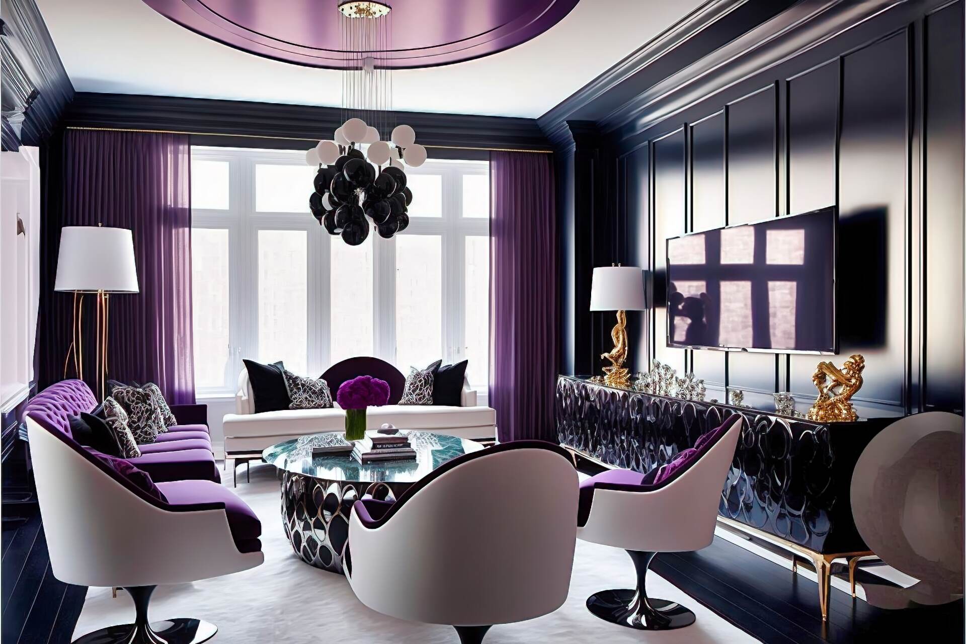An Ultra-Glam Living Room With A Futuristic Vibe. The Walls Are Painted A Deep Purple, With A Large, Flat-Screen Tv Mounted On One Wall. A Sleek, Black Sofa Is Paired With Two White Armchairs For Plenty Of Seating. A Black Marble Coffee Table And Purple Accent Chair Complete The Look. A Large White Chandelier Hangs From The Ceiling, Adding A Touch Of Glamour.