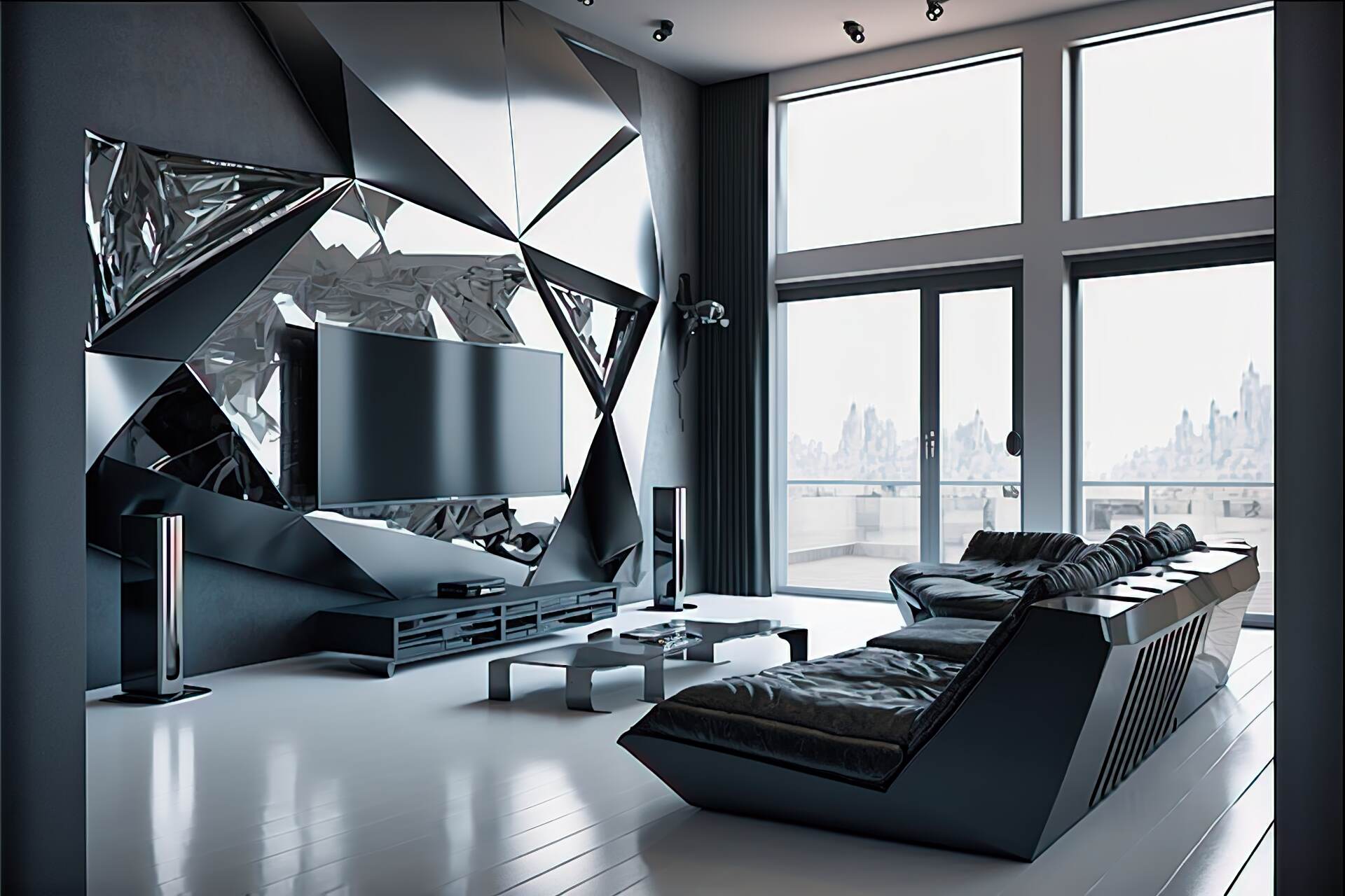 A Cyberpunk-Style Living Room With A Futuristic And High-Tech Feel. The Walls Are Made Of Sleek, Reflective Metal, And The Furniture Is Made Up Of Angular And Geometric Pieces In A Monochromatic Color Scheme Of Black And Silver. A Large Flat Screen Tv Is Mounted On The Wall, And A Holographic Display Is Mounted Above The Couch, Creating An Immersive Viewing Experience. A High-Tech Sound System And A Virtual Reality Gaming System Complete The Look.