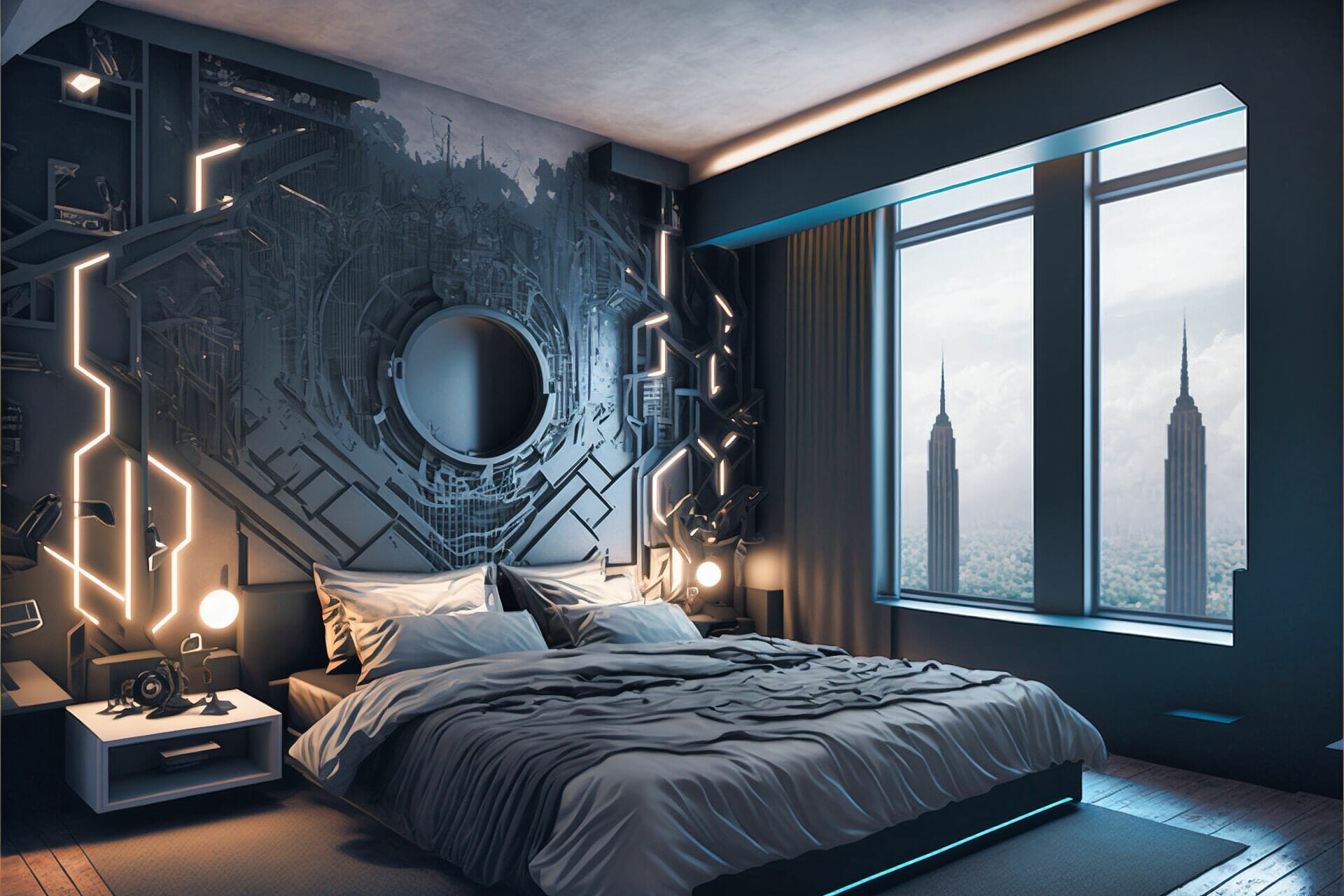 Bedroom With A Futuristic Industrial Edge. The Walls Are Painted A Deep Steel Grey, With Metallic Accents And A Large Mural Depicting A Futuristic Cityscape. The Center Of The Room Features A Large, Black Bed, With A Matching Bed Frame And Nightstands. The Lighting Is Low And Ambient, With A Light Strip Running Along The Walls, And A Hanging Neon Bulb Providing The Main Lighting Source. The Floor Is An Industrial Tile With A Matte Finish.
