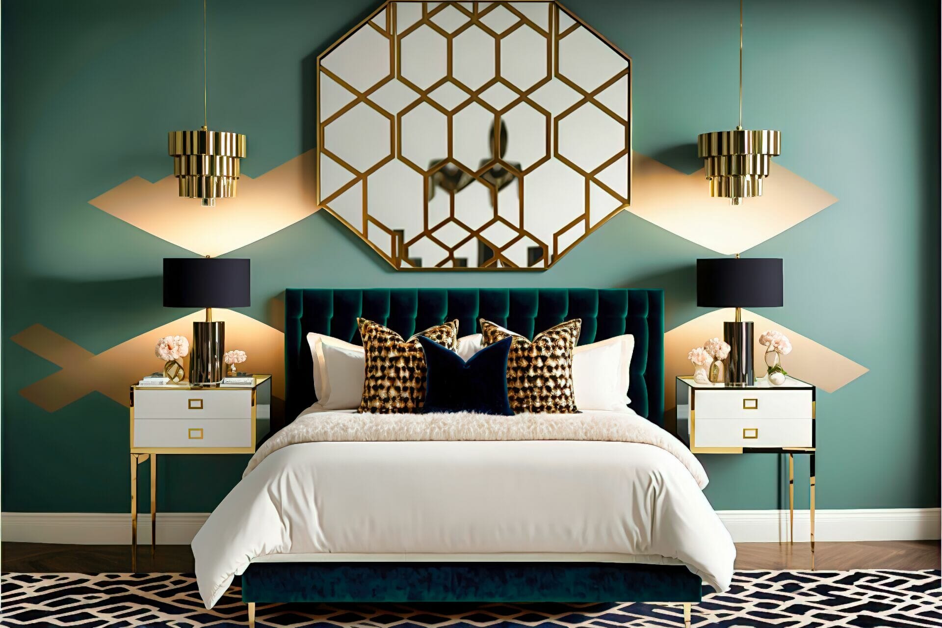 Mid-Century Modern Bedroom – A Glamourous Modern Bedroom Featuring A Velvet Bed Frame With Bold Geometric Pattern, A Mirrored Dresser, And A Textured Wall Hanging.