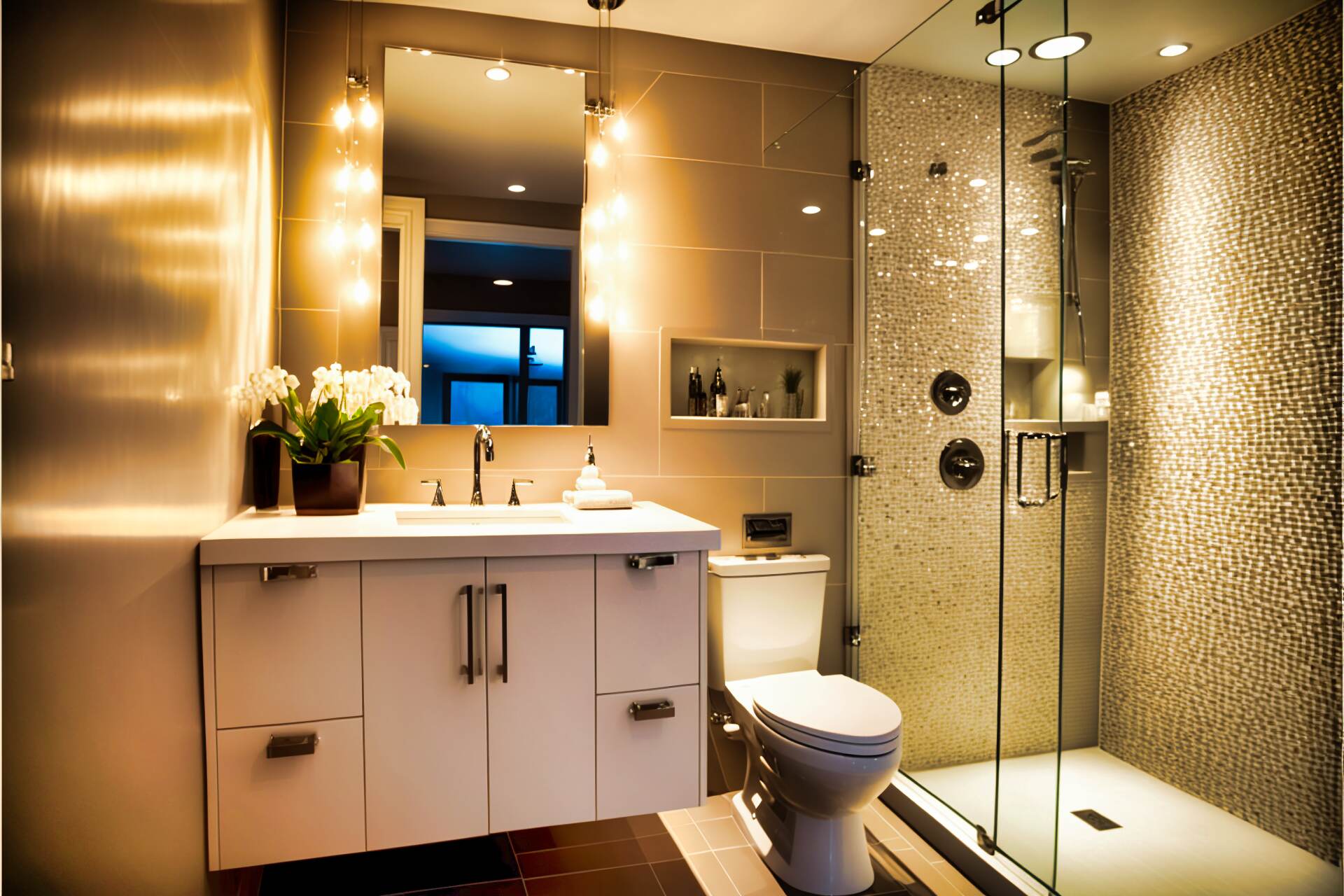 A Modern Bathroom With A Glamorous Aesthetic. The Space Features A Floating Vanity With A White Sink And A Large Mirror. The Shower Has A Glass Partition And A Rainfall Showerhead. The Floors Are A Light Wood-Look Tile, And The Walls Are White Subway Tile With A Mix Of Glass Mosaic Accents. The Room Is Illuminated By Recessed Lighting And A Large Crystal Chandelier.