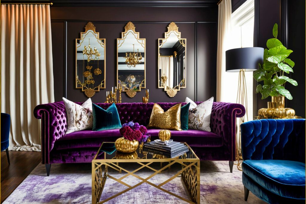 Boldly Elegant Living Room - An Eye-Catching Color Palette Of Rich Purple And Bold Gold Bring Energy And Style To This Glamorous Maximalist Living Room. A Velvet Tufted Couch Is Topped With Patterned Throw Pillows And A Luxurious Area Rug Showcases Its Intricate Details. A Mirrored Coffee Table Rests At The Center Of The Room, Surrounded By Modern Brass Accent Table Lamps And Beautiful Artwork. A Wall-Mounted Flat Screen Tv Ensures You Don’t Miss A Beat Of Your Favorite Shows.