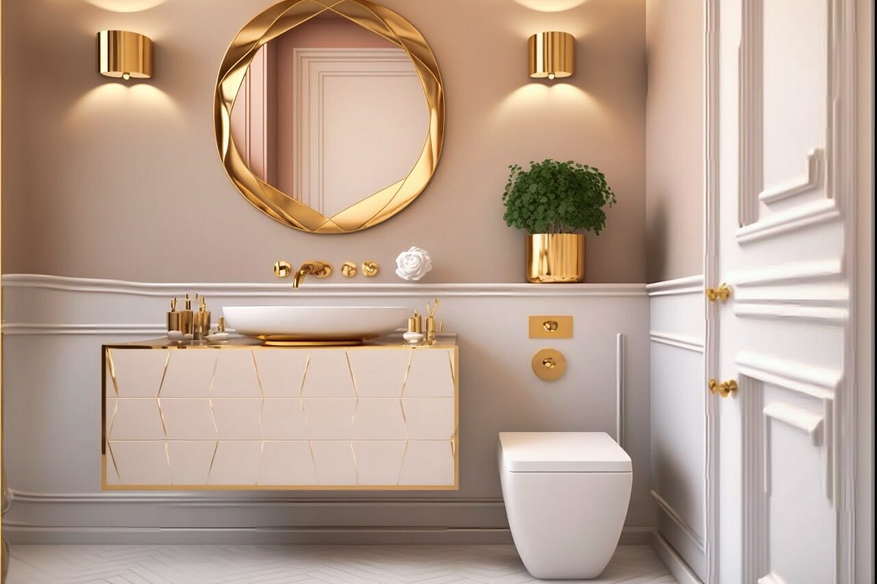 Scandinavian Bathroom: A Glamorous And Luxury Bathroom With Beige Walls, White Tile Floors, And Gold Accents. A Sleek White Sink With A Gold Faucet Is Centered In The Room And A Modern White Toilet Rests Against The Wall.
