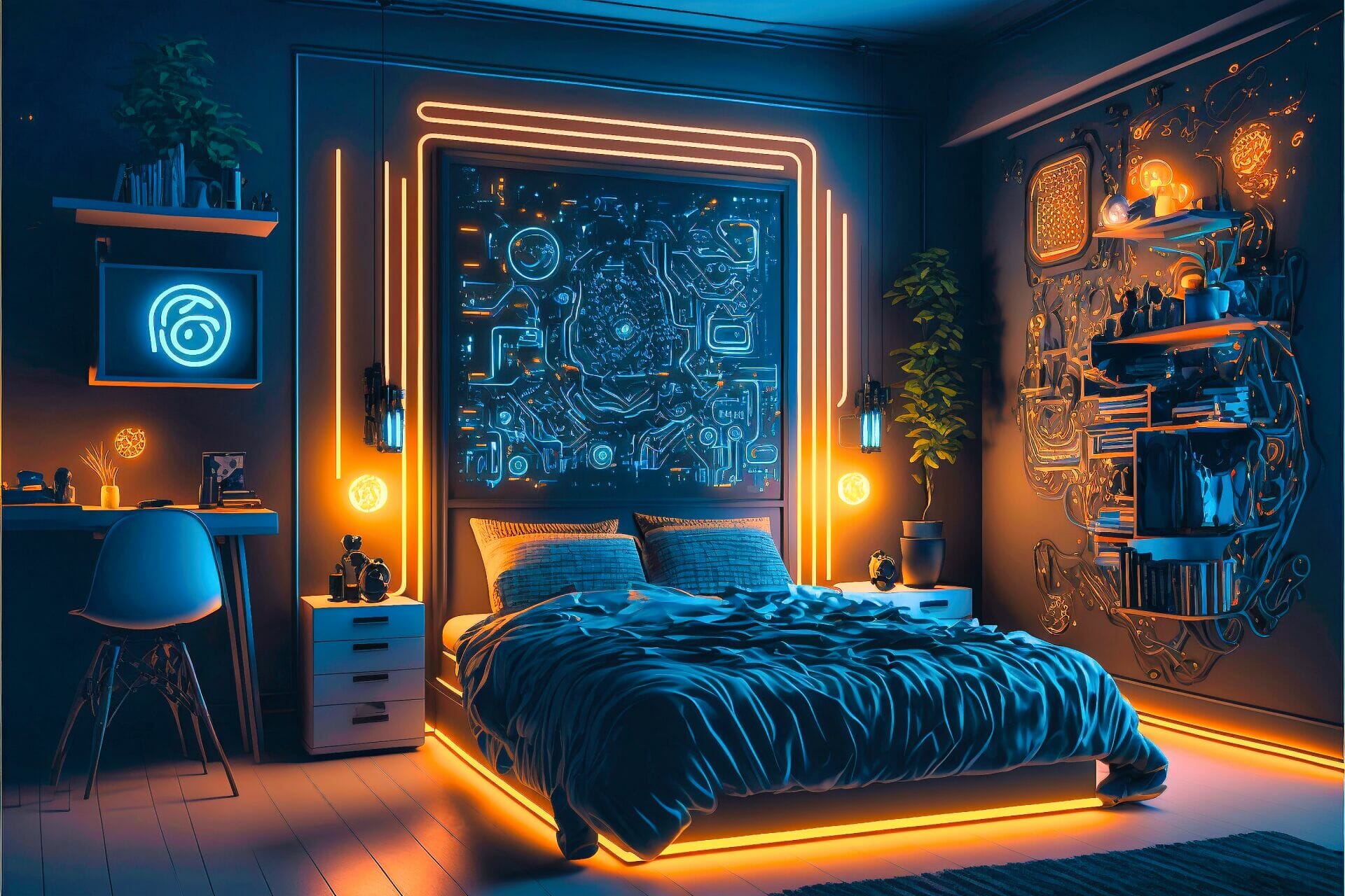 Futuristic Bedroom With A Modern, Cyberpunk Feel. The Walls Are Painted A Deep Blue And Are Adorned With Multiple Computer Screens, Glowing Neon Accents And Abstract Patterns. The Bed Is A Bright, Glowing Yellow And The Nightstands Are Sleek And Modern. The Lighting Is Low And Ambient, With A Neon Strip Running Along The Walls. The Floor Is Black Tile, With A Glossy Finish. A Large, Wall-Mounted Television Is Hung Above The Bed. Various Gadgets And Appliances Are Scattered Around The Room, From Cyberpunk-Style Furniture To Robotic Arms And Other Futuristic Gadgets.