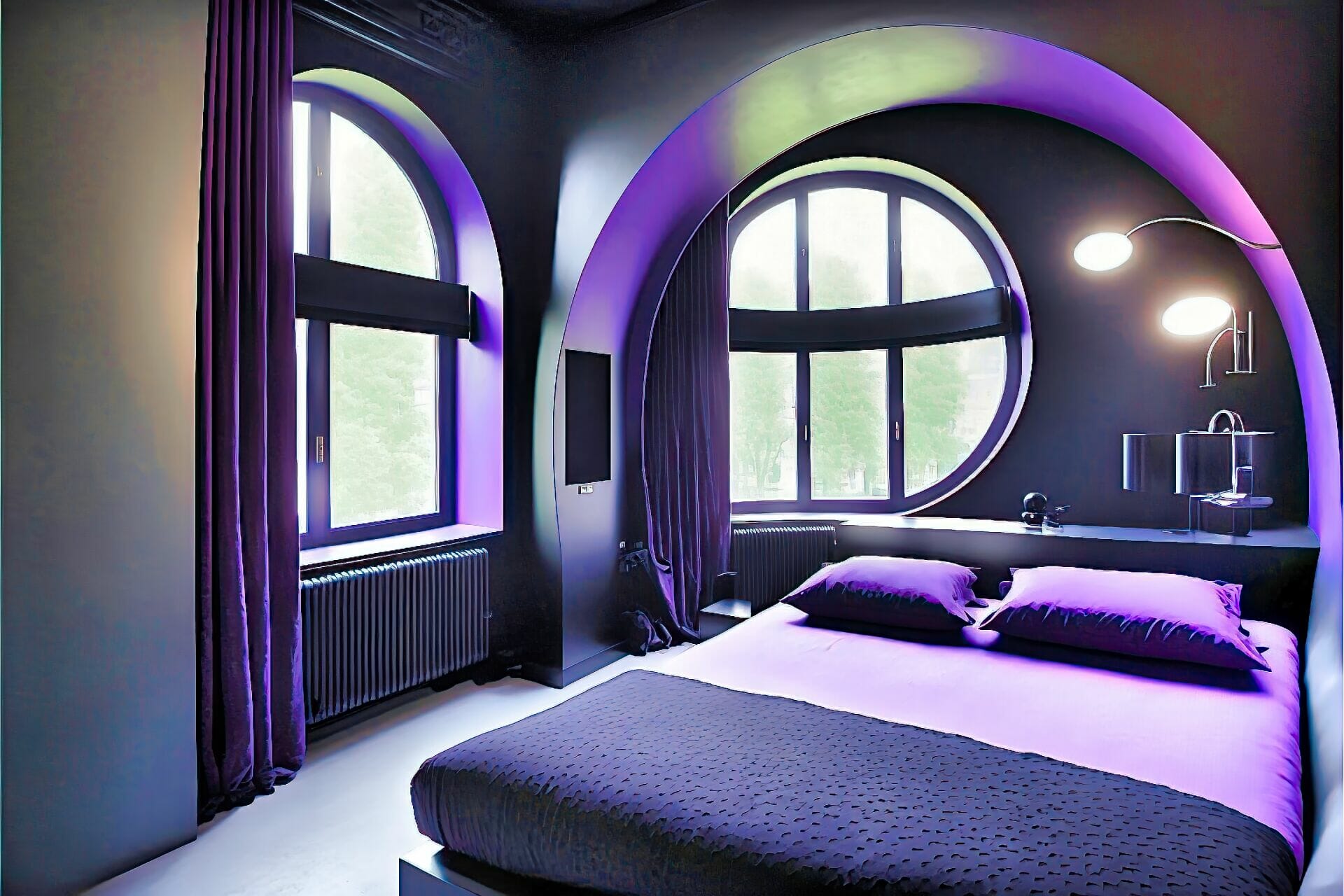 Bedroom With A Gothic, High-Tech Feel. The Walls Are Painted A Deep Purple, With Black Accents. The Center Of The Room Features A Large, Sleek Black Bed, With A Matching Bed Frame And Nightstands. The Lighting Is Low And Ambient, With A Light Strip Running Along The Walls, And A Gothic-Style Chandelier With Multiple Led Bulbs Providing Ambient Lighting. The Floor Is An Industrial Black Tile With A Glossy Finish. Several Gothic-Style Accessories, Such As A Robotic Arm Lamp, A Computer Console, And A Mirror With A Digital Display, Create A Dark And Mysterious Atmosphere. The Walls Are Adorned With Gothic Artwork, And The Overall Effect Is One Of Modern, High-Tech Luxury.