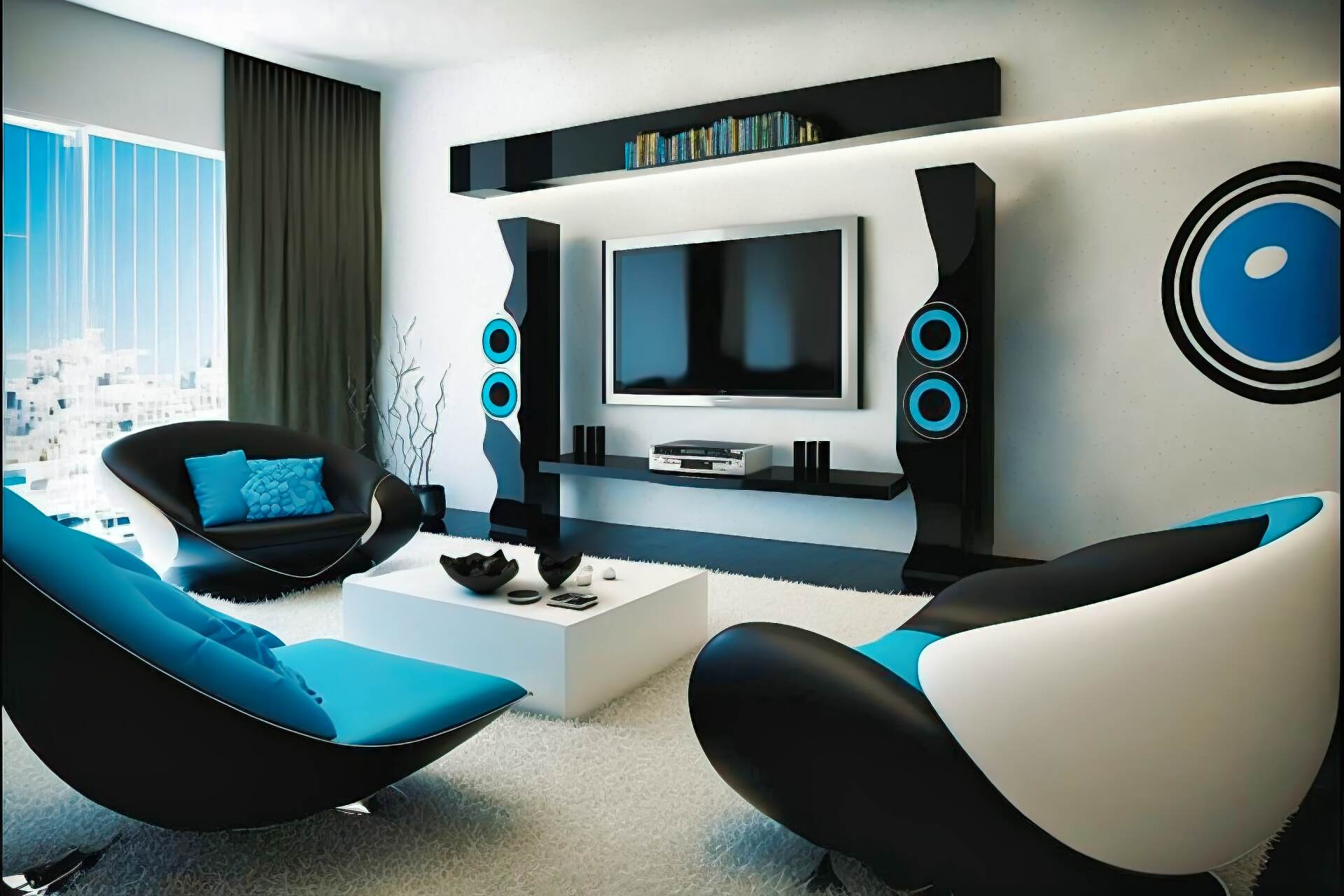 A Sleek, Black Futuristic Living Room With Accents Of Bright Blue And White. In The Center Is A Black, Wall-Mounted Tv With A Floating Shelf Beneath It To Hold The Dvd Player, Game Consoles And Other Tech. Sleek White Armchairs And A Long Black Sofa Provide Plenty Of Seating. Brightly Coloured Throw Pillows In Blue And White Add A Pop Of Colour. A Modern, Wall-Mounted Fireplace Adds A Cozy Feel.