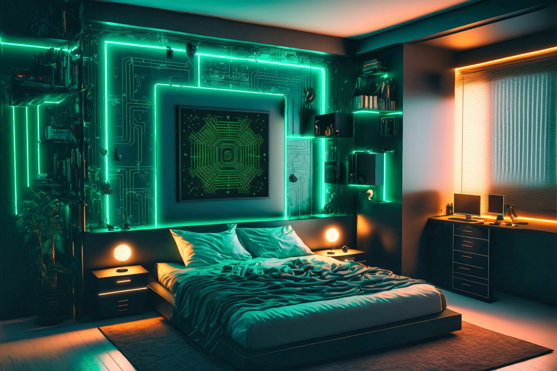 Cyberpunk Styled Bedroom With A High-Tech Matrix Style. The Walls Are Painted A Deep Green, With White Accents And Glowing Neon Lighting. The Center Of The Room Features A Large, Black Bed, With A Matching Bed Frame And Nightstands. The Lighting Is Low And Ambient, With A Light Strip Running Along The Walls, And A Hanging Neon Bulb Providing The Main Lighting Source. The Floor Is An Industrial Tile With A Glossy Finish.