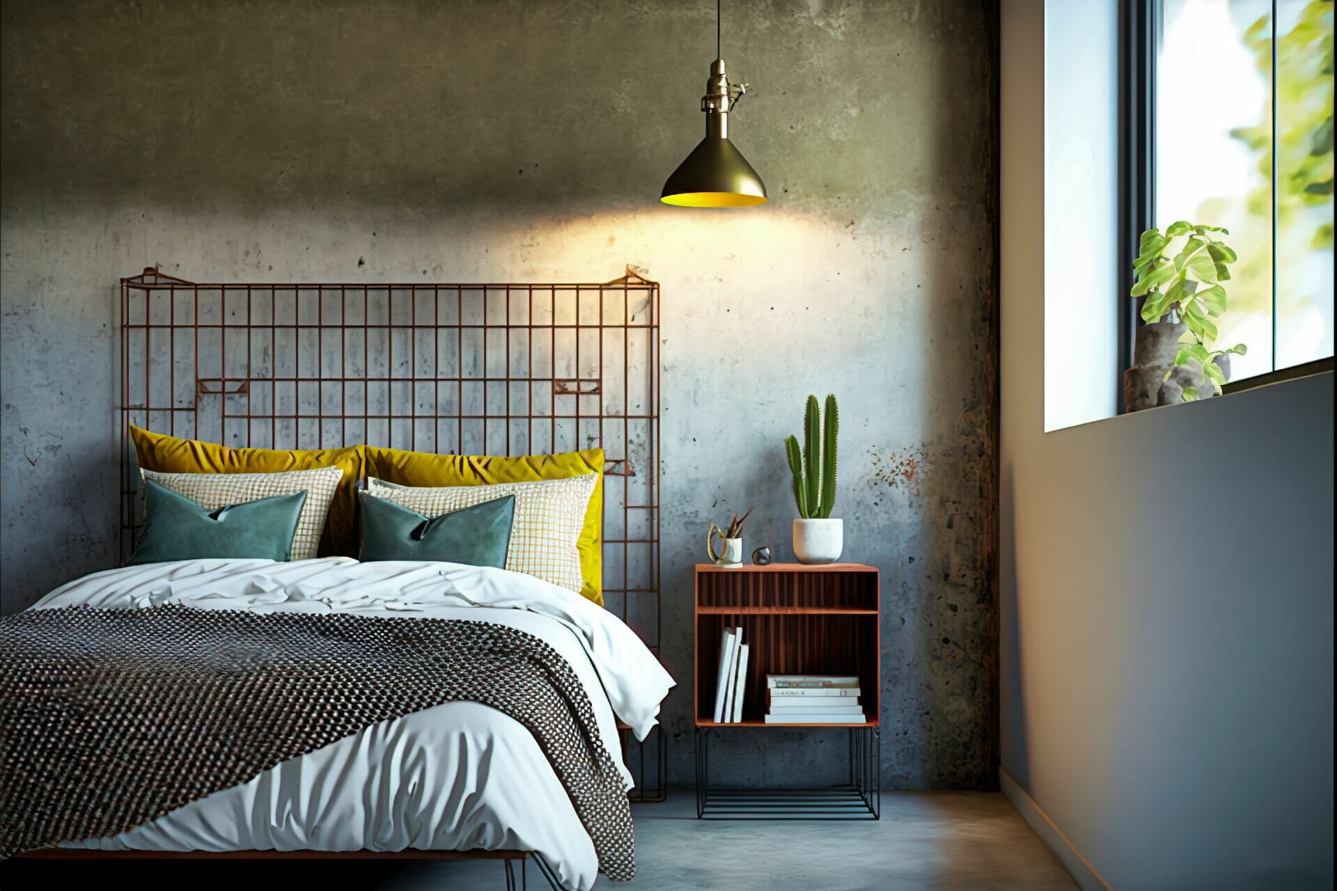 Mid-Century Modern Bedroom – An Industrial Modern Bedroom Featuring A Metal Bed Frame With A Concrete Headboard, A Wire Mesh Nightstand, And A Distressed Metal Wall Sconce.