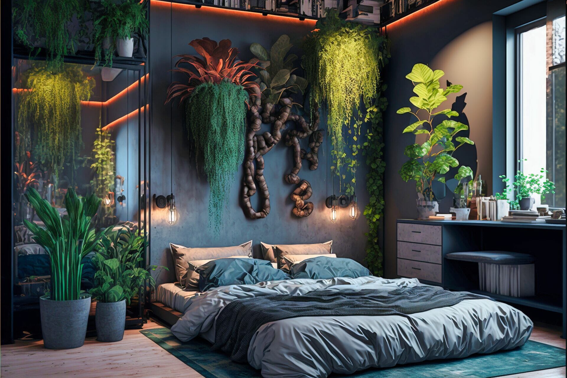 Cyberpunk Style Bedroom With A Unique Industrial Urban Style. The Walls Are Painted A Deep Charcoal Gray, With Metallic Accents And Plants Growing From The Wall. The Center Of The Room Features A Large, Dark Brown Bed, With A Matching Bed Frame And Nightstands. The Lighting Is Low And Ambient, With A Light Strip Running Along The Walls, And A Hanging Bulb Providing The Main Lighting Source. The Floor Is A Dark Gray, Industrial Tile.