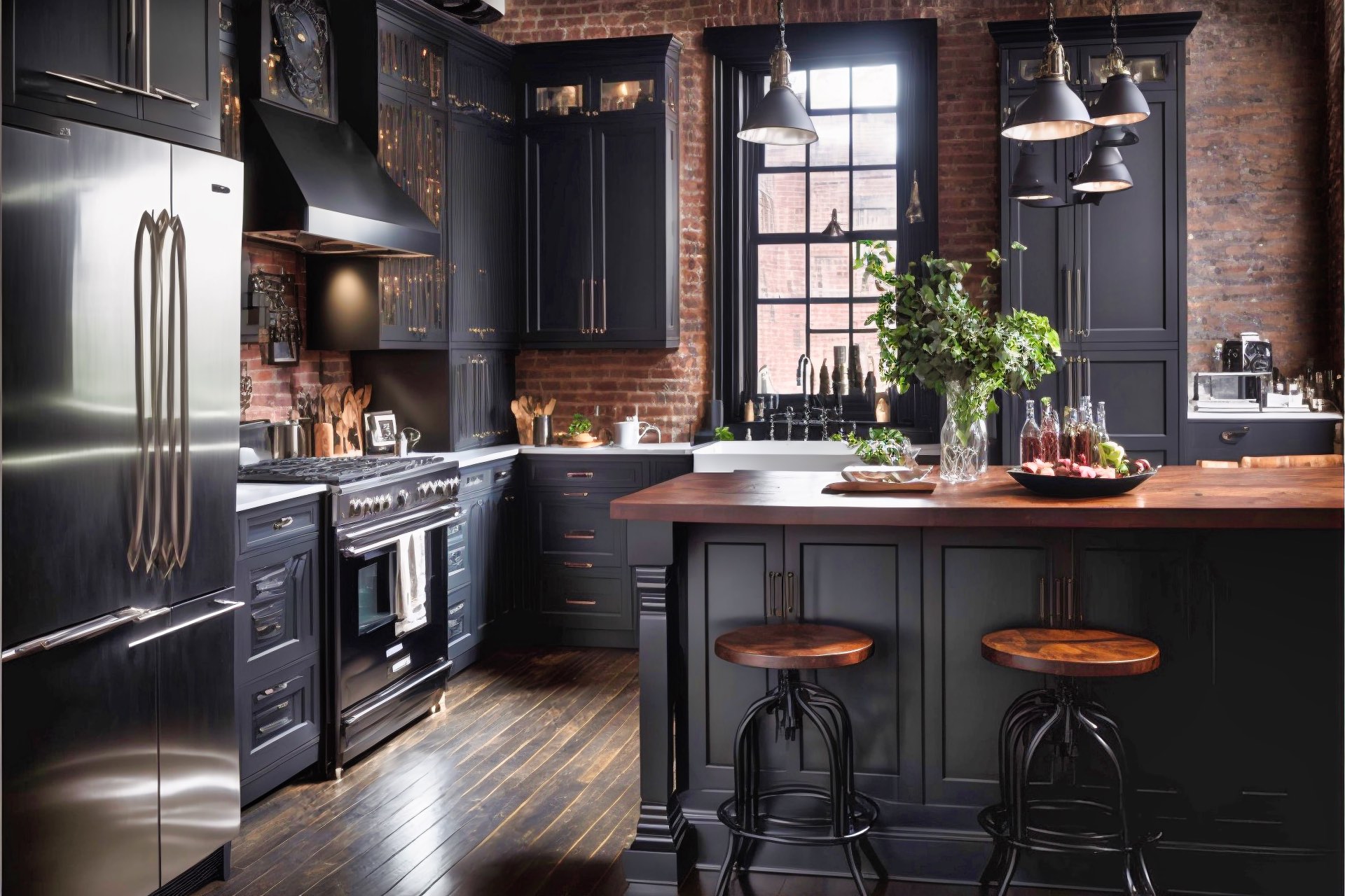 Industrial Accents Black Kitchen With Exposed Brick