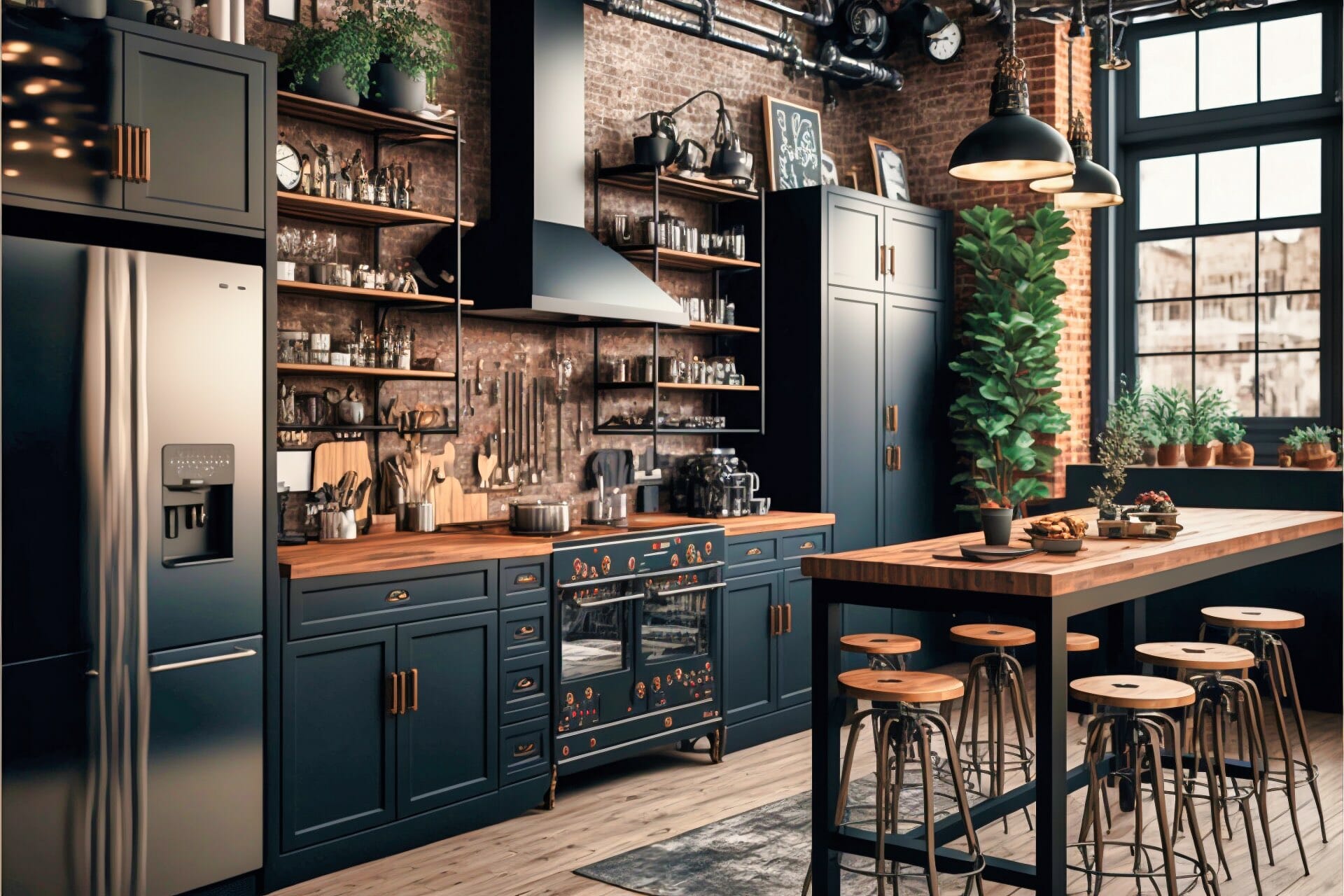 Industrial Chic Black And Wood Kitchen With Exposed Pipes