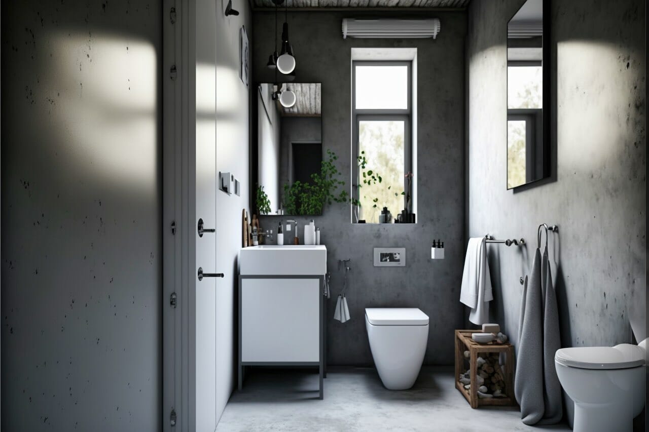 Scandinavian Bathroom: An Industrial And Modern Bathroom With Grey Walls And Concrete Floors. A Sleek White Sink With A Chrome Faucet Is Centered In The Room And A Modern White Toilet Rests Against The Wall.