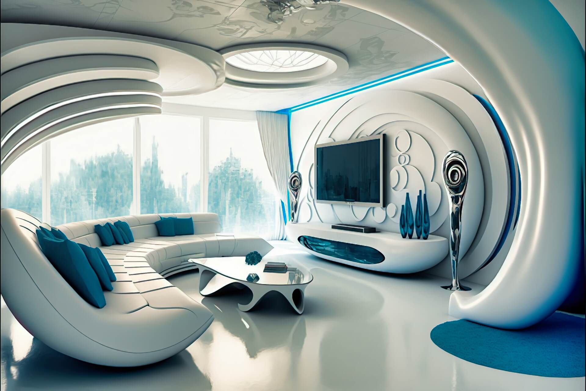 Futuristic Living Room With A Soft Grey And White Space. A Curved White Wall Holds The Giant, Flat-Screen Tv With A Sleek White Coffee Table In The Center. A Bright Blue, Modular Sofa With White Accents Is Made Up Of Chaise Lounges And Armchairs. A Clear Acrylic Coffee Table, With A Futuristic Silver Base, Adds A Touch Of Glamour. Soft Grey Curtains Hang From Above And White Light Fixtures Provide A Subtle Glow.