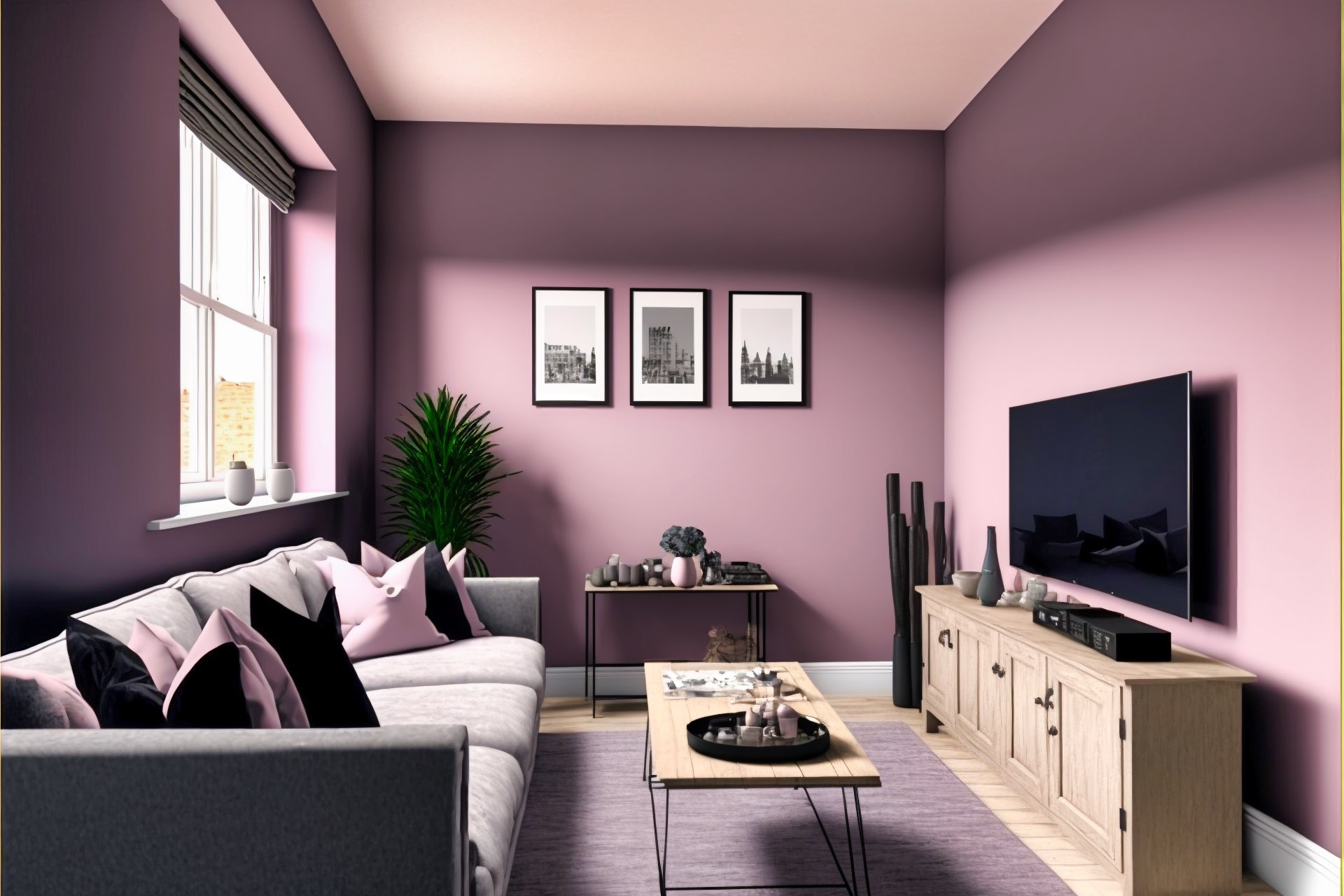 Lavendelfarbene Wände, Graue Akzente Ein Schlichter, Aber Stilvoller Wohnraum