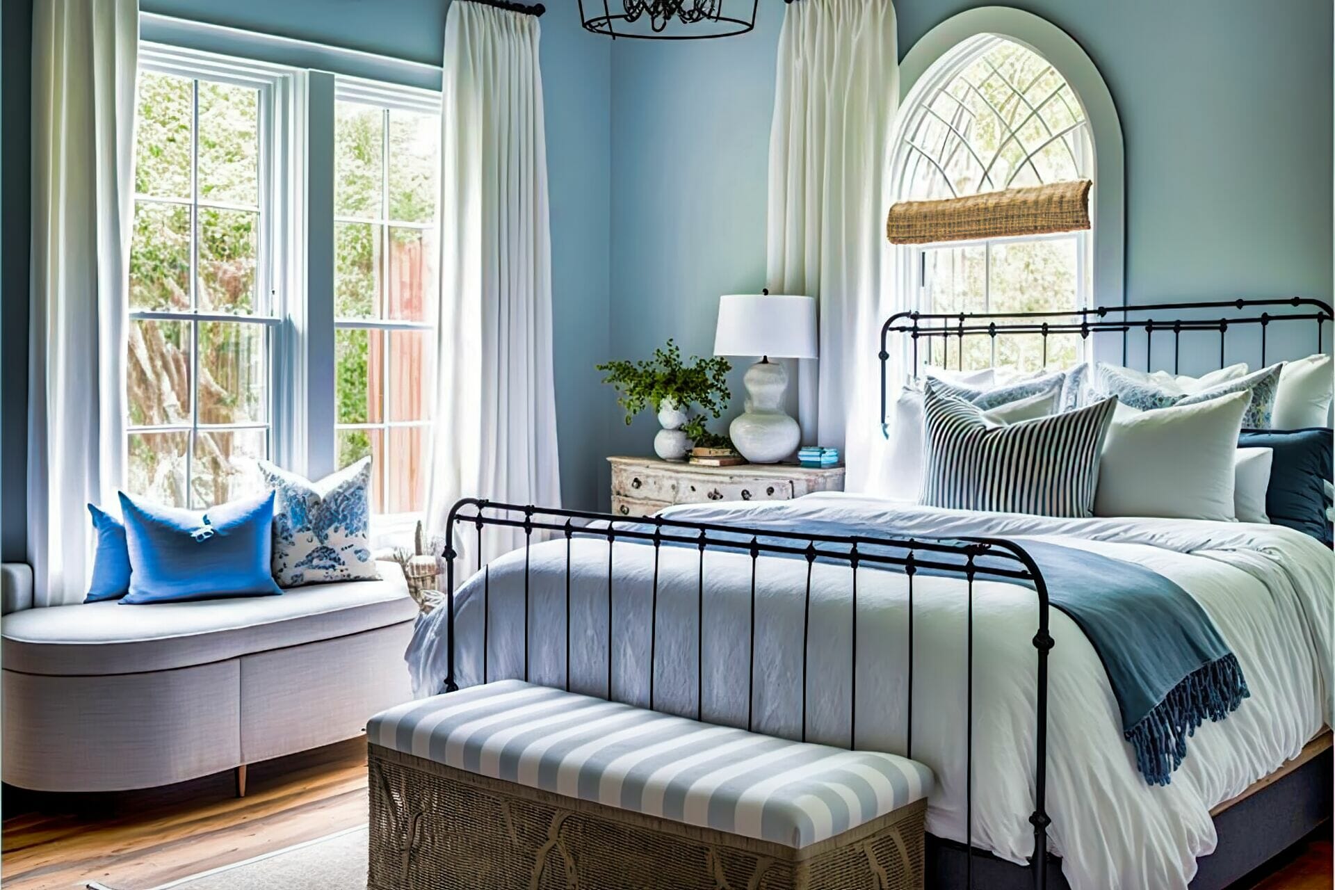 Light Blue Walls And A Dark Iron Bed In A Coastal Bedroom U