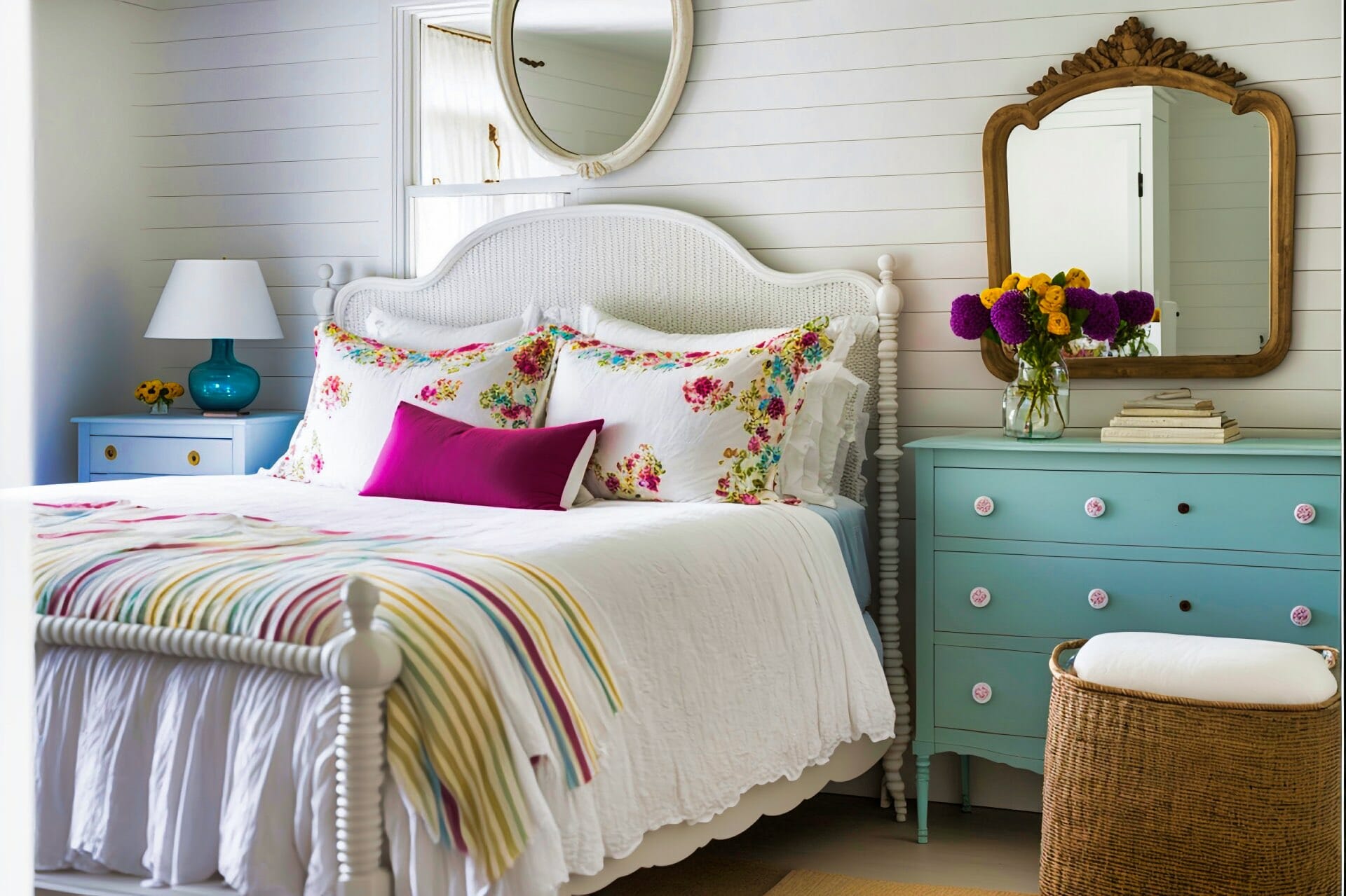 Cottage Style Bedroom With A Light And Airy Feel, Thanks To The White Washed Wood Paneled Walls And Bright White Trim. A Queen Size Bed With A Simple White Headboard Is Dressed In Crisp White Linens, And A Collection Of Colorful Throw Pillows Add A Playful Touch. A Matching White Dresser With A Decorative Mirror Above It Sits Against One Wall, And A White Wicker Chair With A Fluffy Cushion Provides A Cozy Seating Option. A Braided Rug In Shades Of Blue And White Anchors The Space, And A Collection Of Potted Plants Adds A Touch Of Greenery.